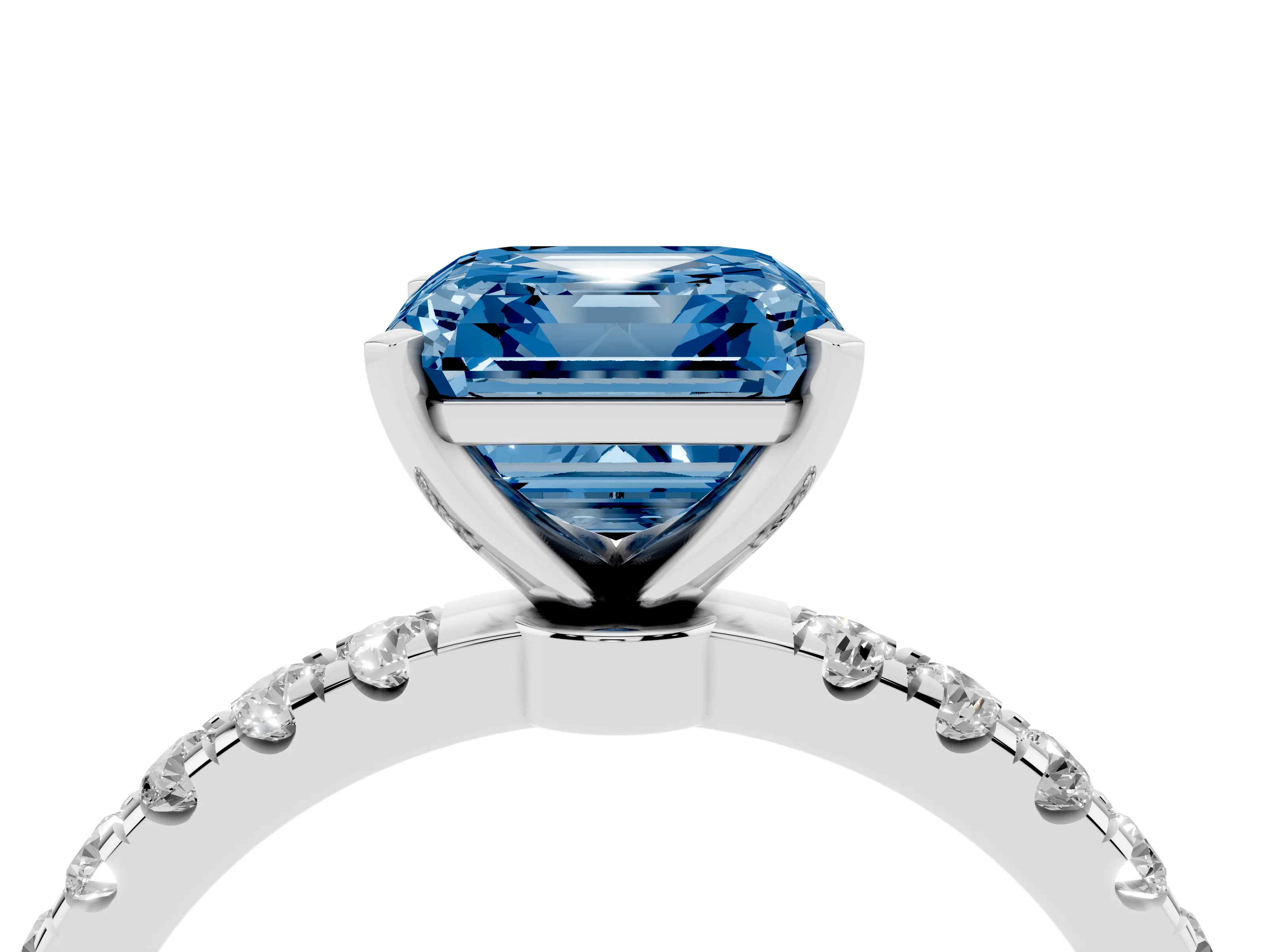 Fancy Blue Asscher Cut Diamond Solitaire Ring Set in Platinum with Pavé Accents and Prong Setting