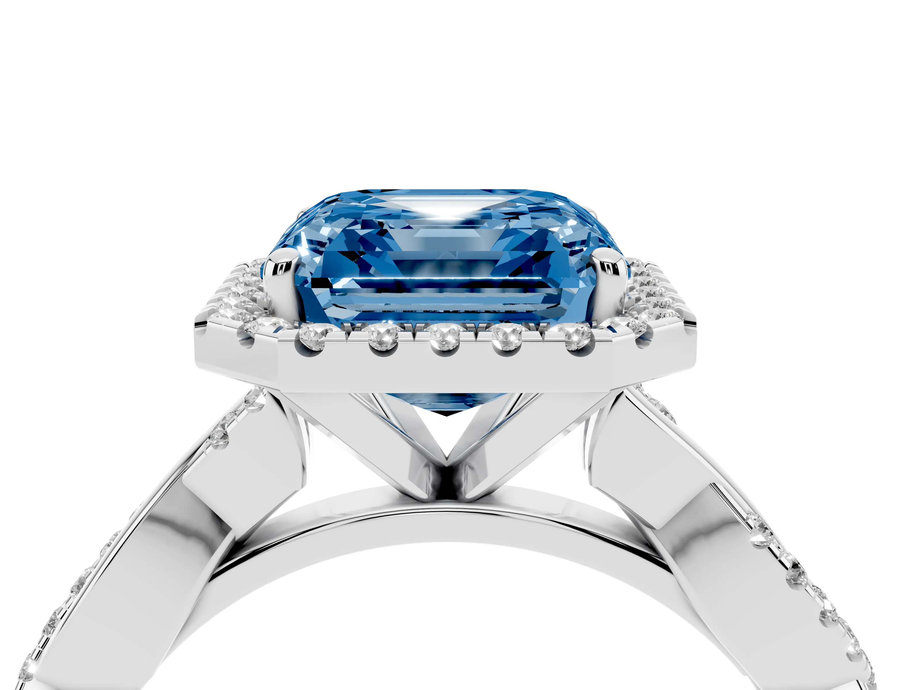 Fancy Blue Asscher Cut Diamond Halo Twisted Band Ring Set in White gold with Prong Setting