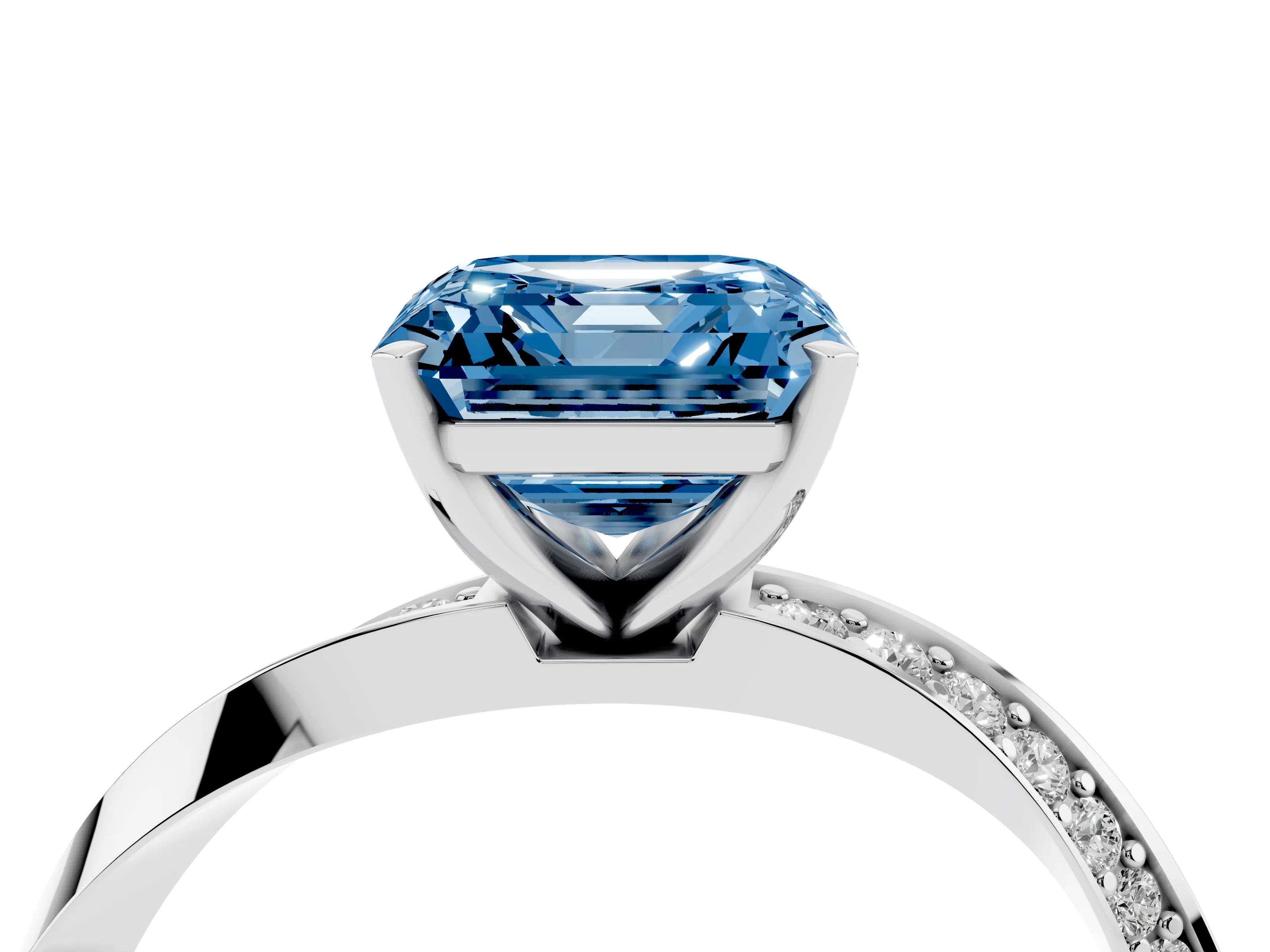 Fancy Blue Asscher Cut Diamond Engagement Ring Set in White gold with Side Stone Accents and Prong Setting