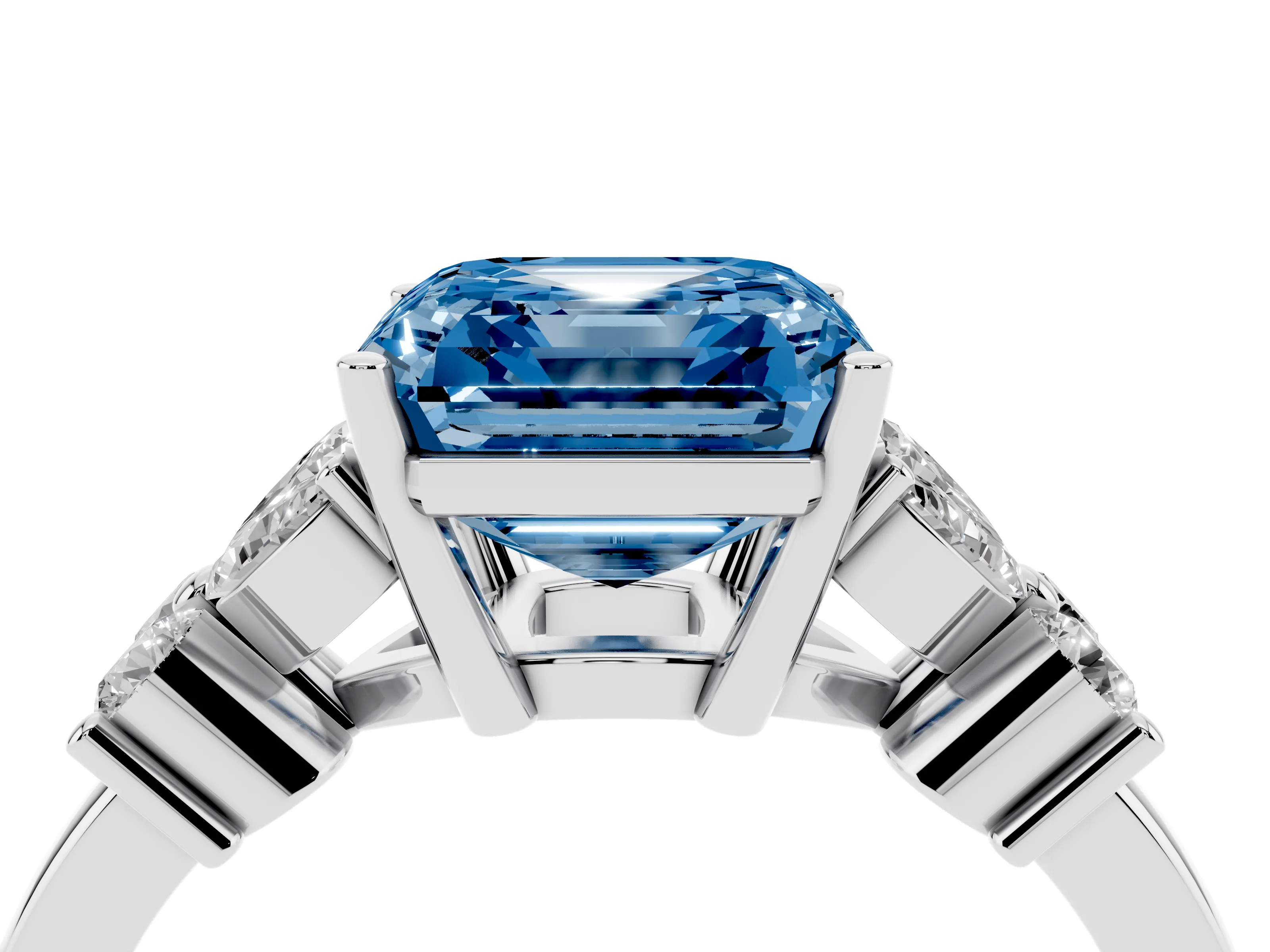 Fancy Blue Asscher Cut Diamond Floral Cluster Ring Set in Platinum with Marquise Petals and Prong Setting