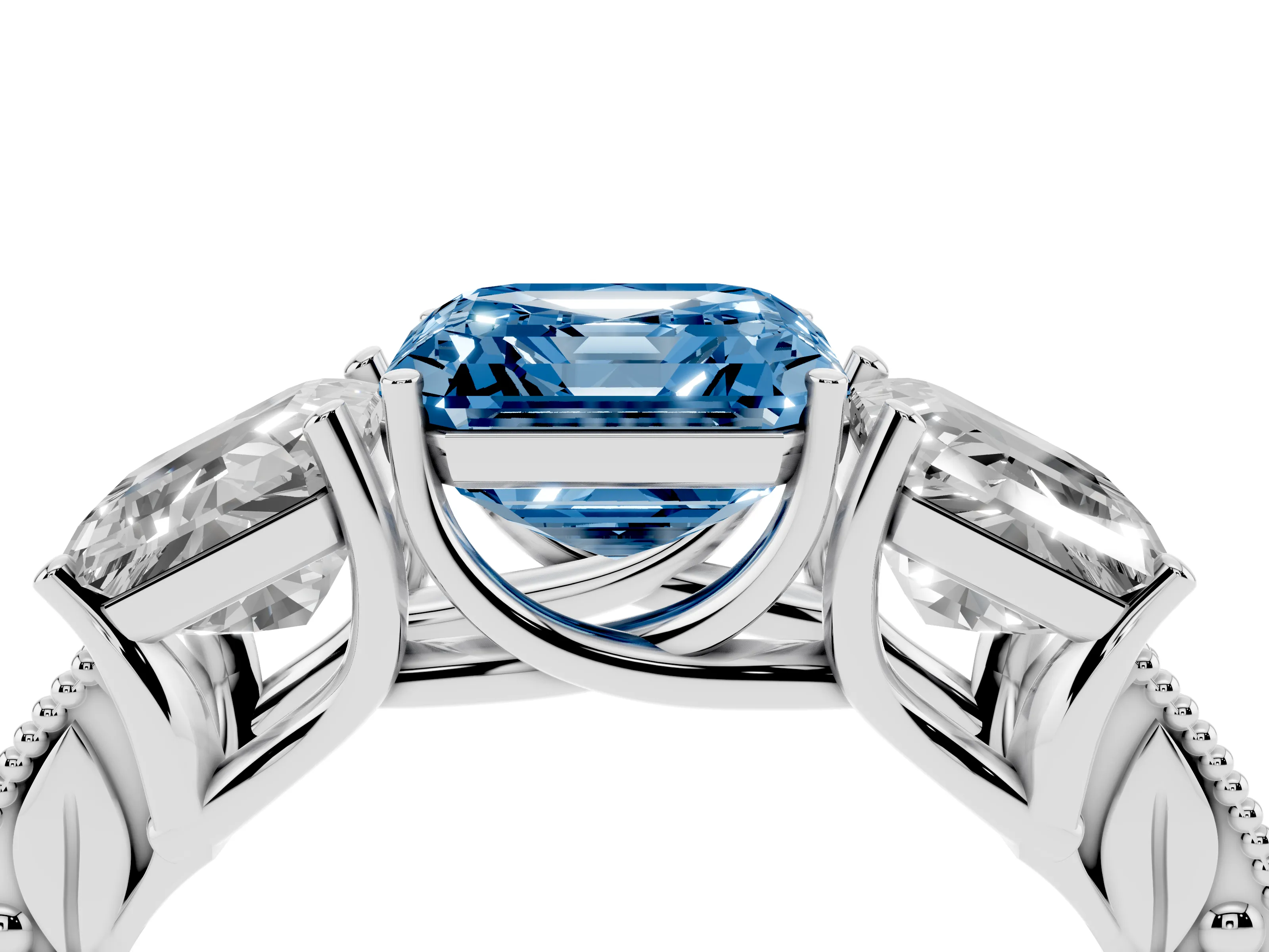 Fancy Blue Asscher Cut Diamond Three-Stone Engagement Ring Set in Silver with Milgrain Pavé Band