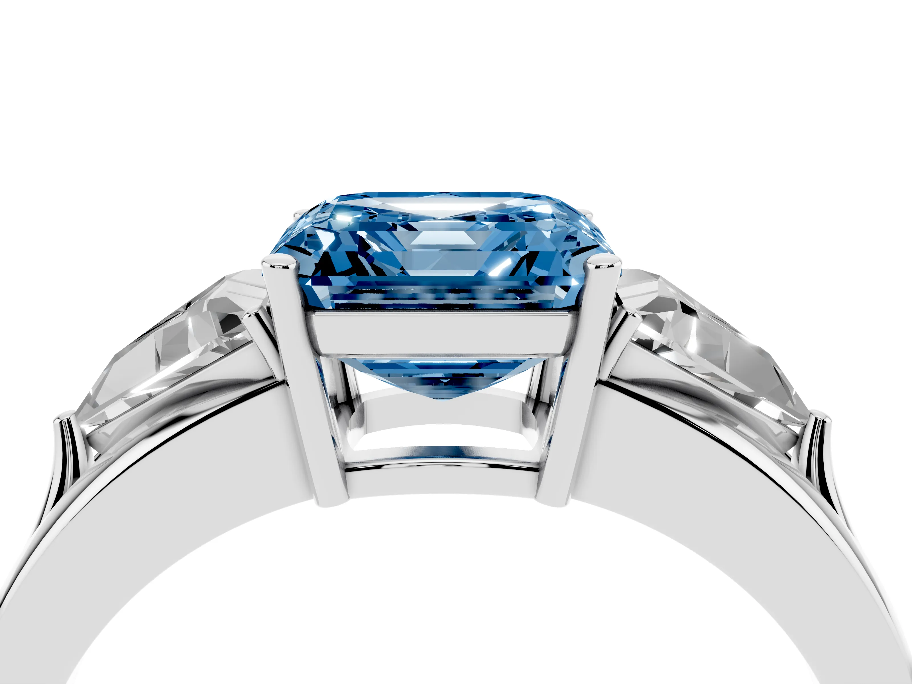 Fancy Blue Asscher Cut Diamond Three-Stone Ring Set in Platinum with Trillion Side Stones and Split Shank