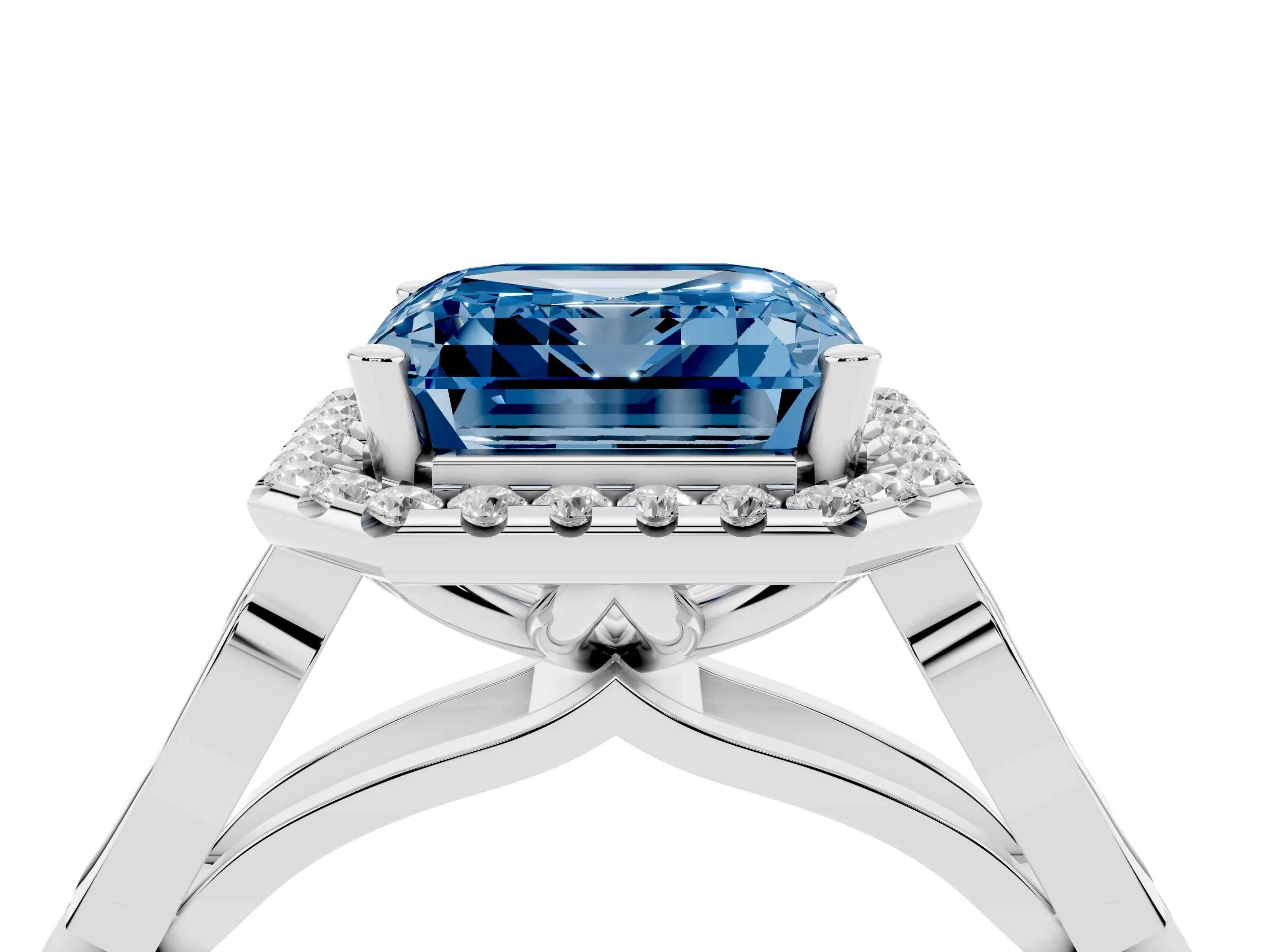 Fancy Blue Asscher Cut Diamond Halo Engagement Ring Set in Platinum with Filigree Band and Prong-Set Center