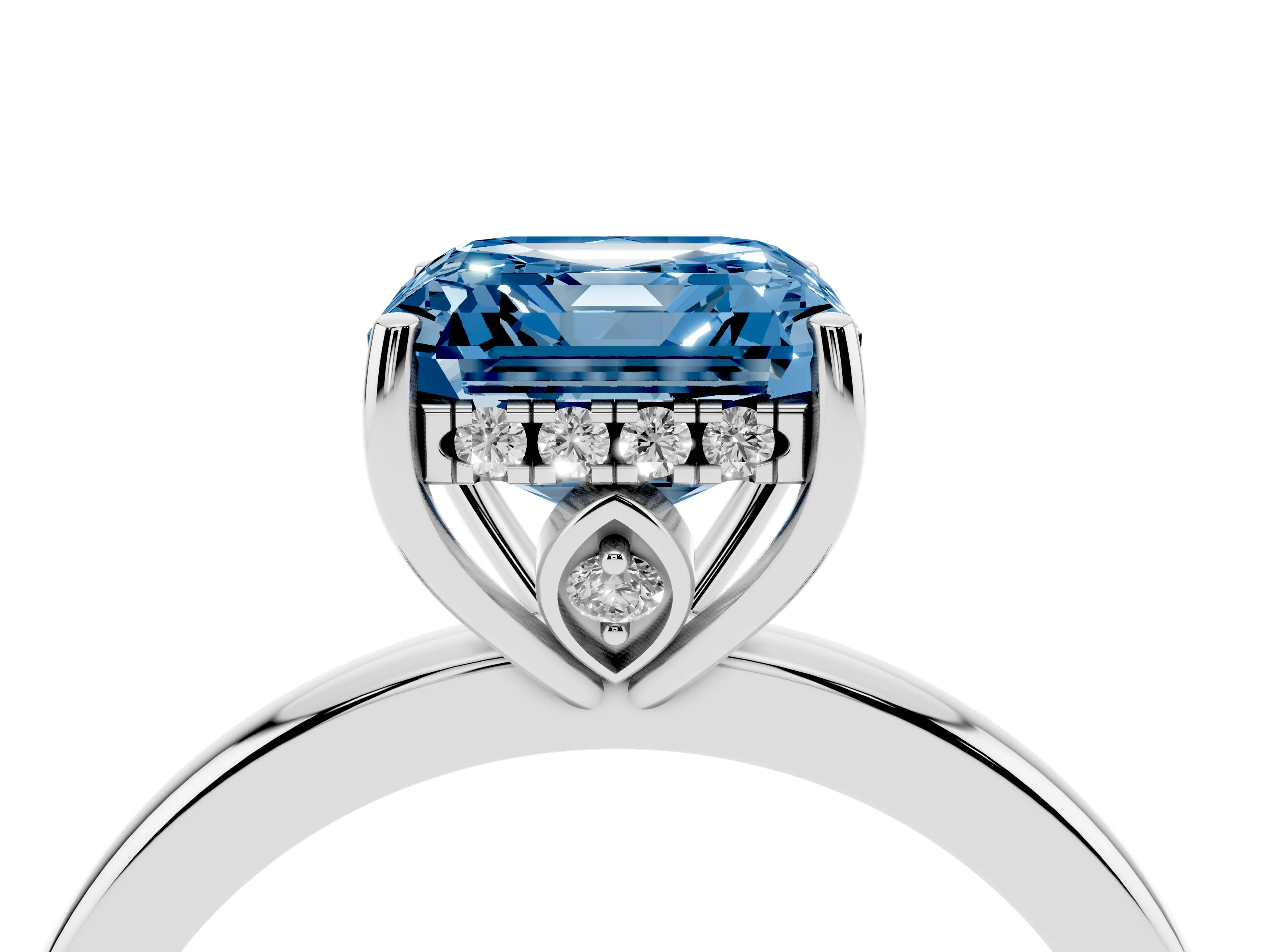 Fancy Blue Asscher Cut Diamond Solitaire Ring Set in Platinum with Plain Band and Prong Setting