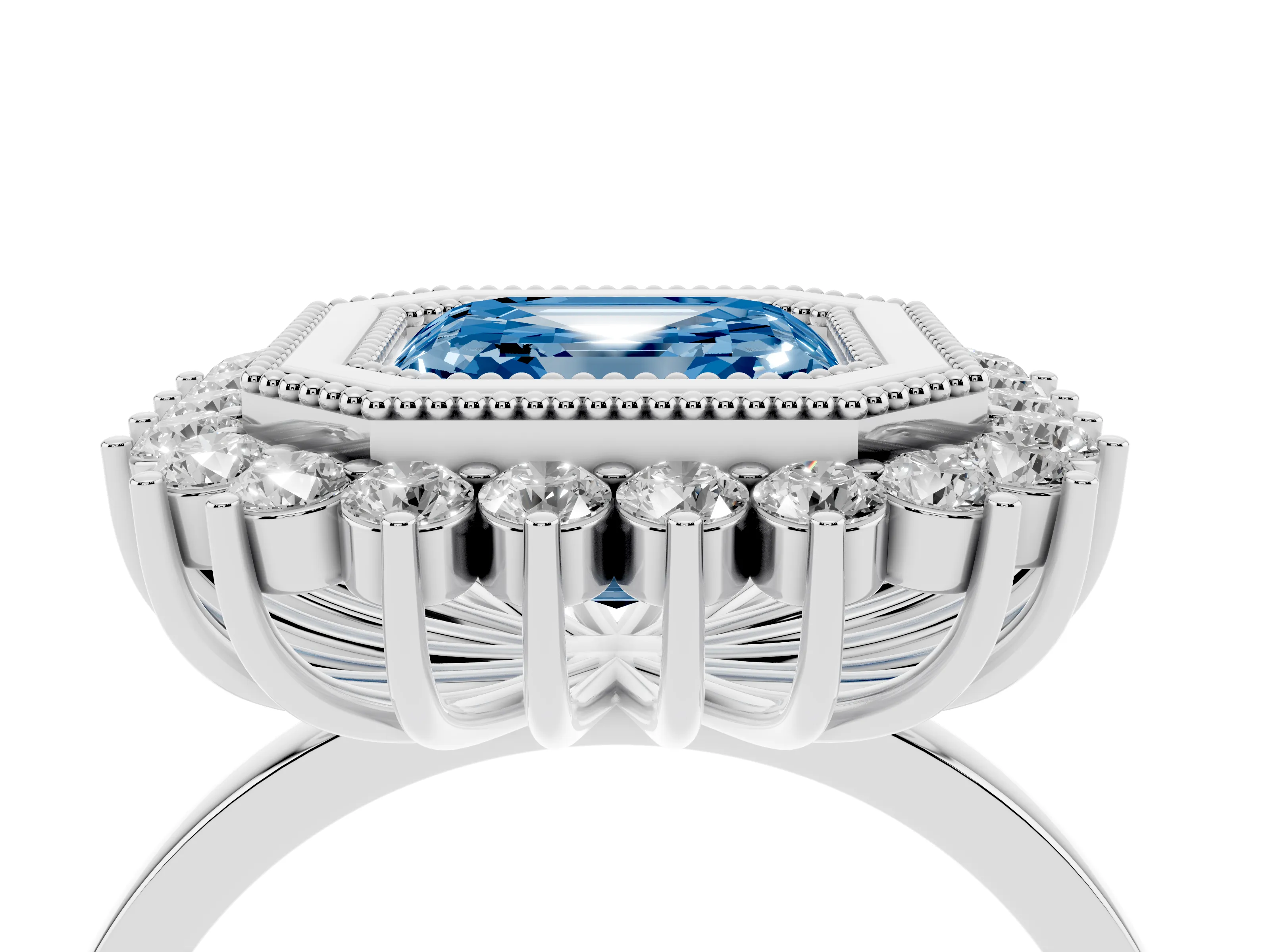 Fancy Blue Asscher Cut Diamond Halo Ring Set in White gold with Milgrain Edge and Round Prong Setting