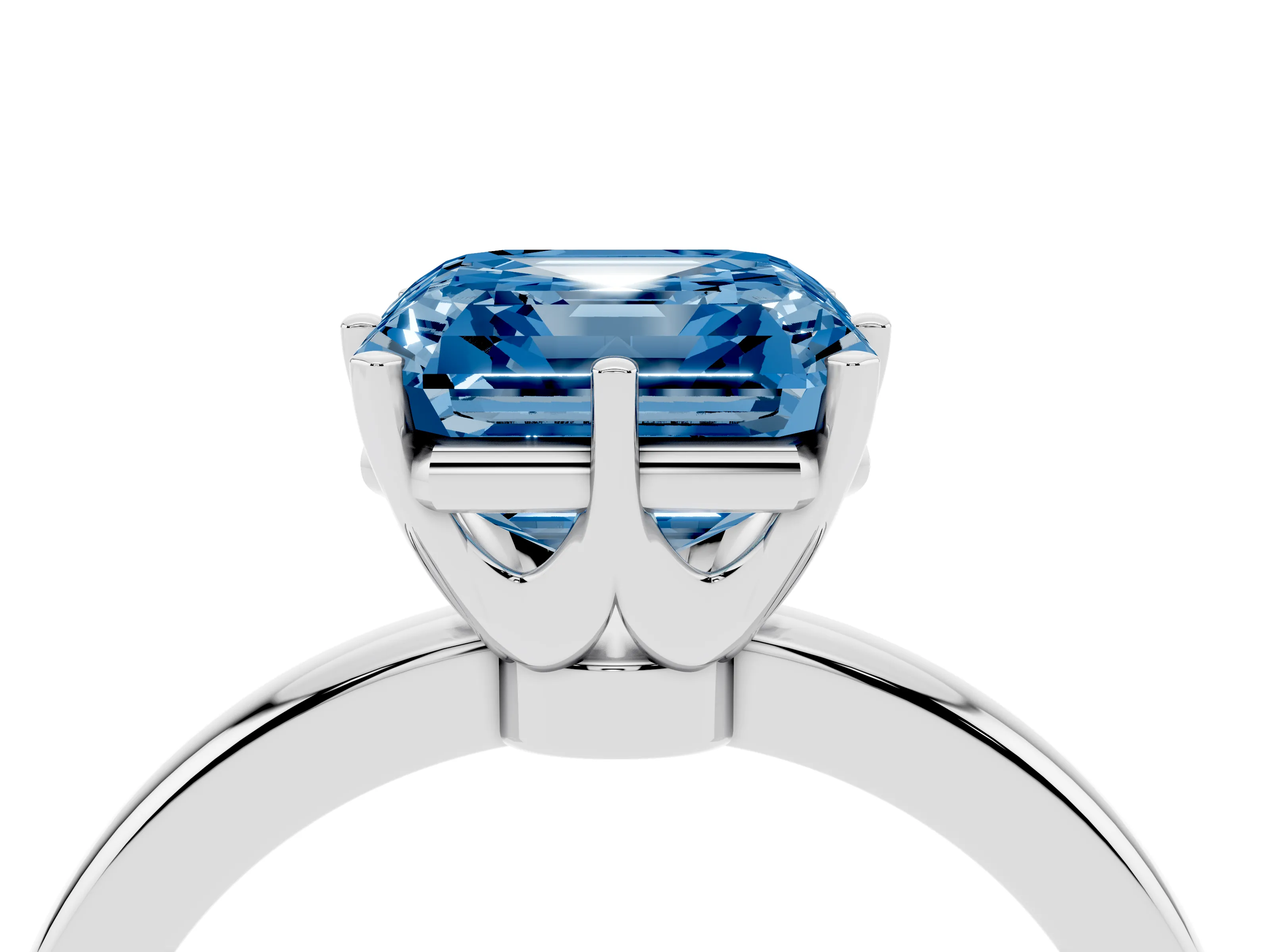 Fancy Blue Asscher Cut Diamond Solitaire Ring Set in Silver with Raised Prong Setting on a Classic Band