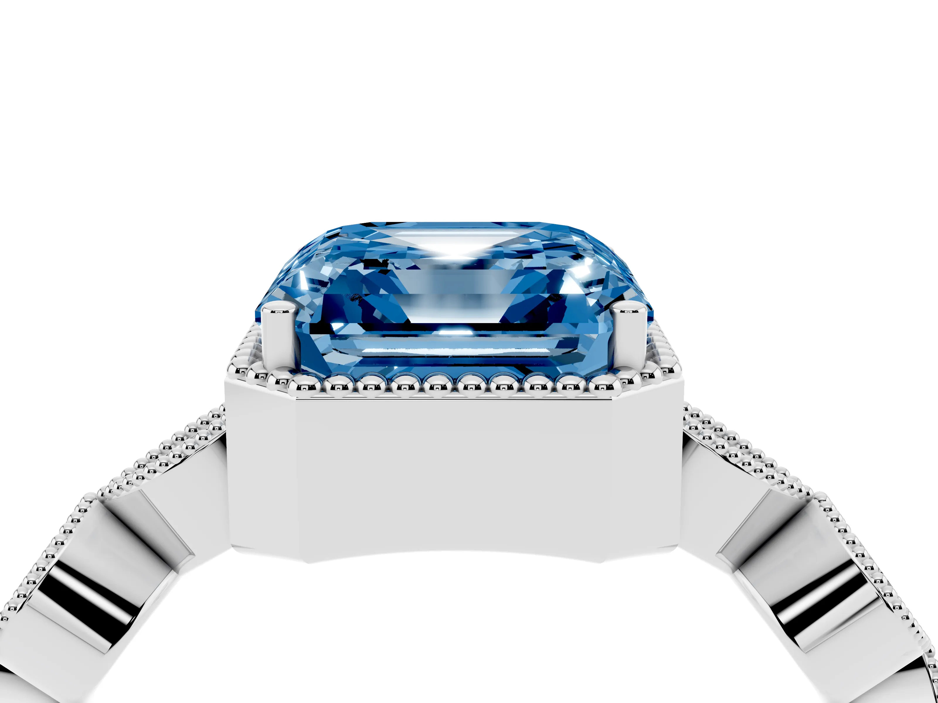 Fancy Blue Asscher Cut Diamond Vintage-Inspired Milgrain Ring Set in Platinum with Marquise Stations of Round Accents