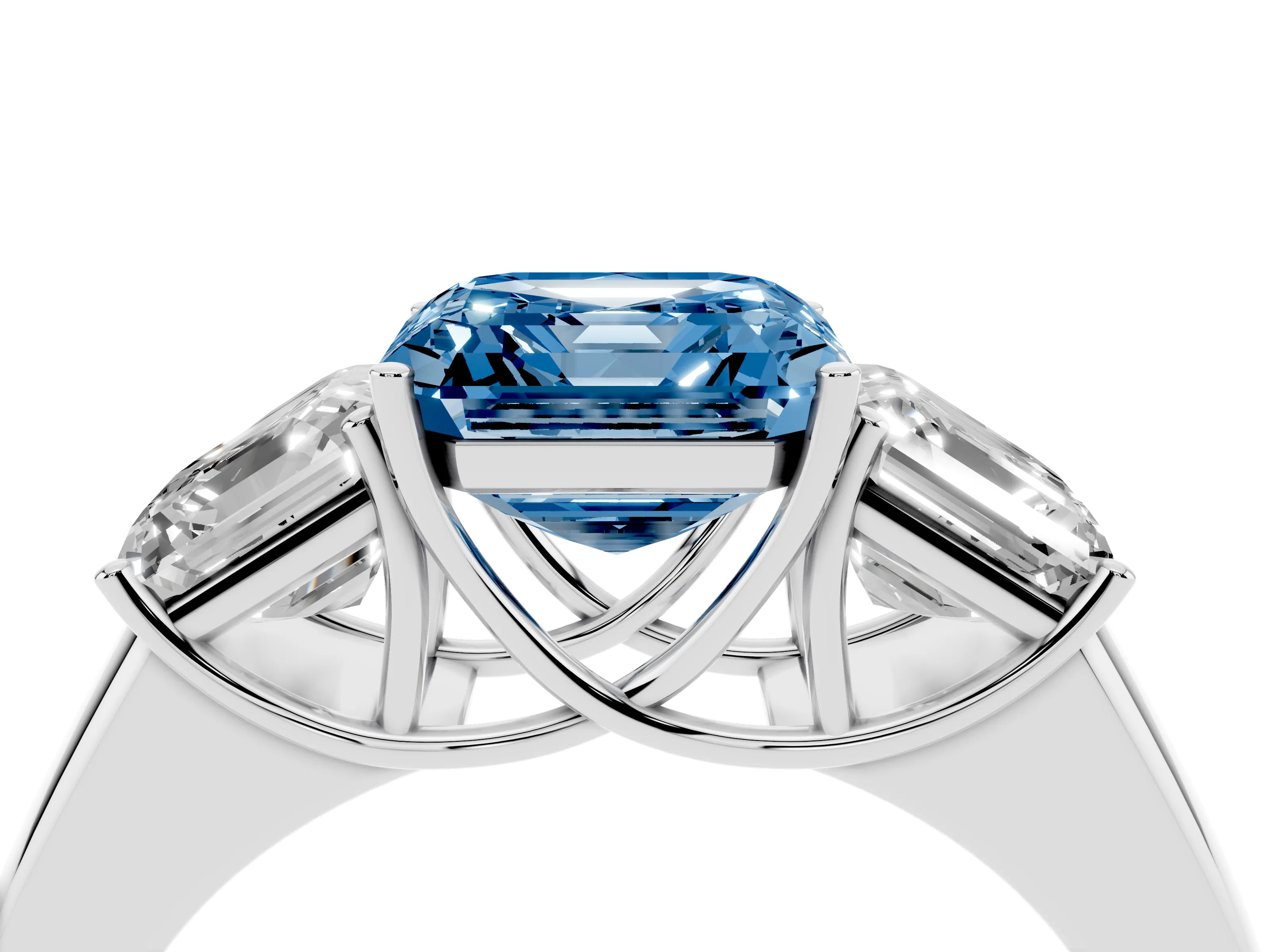 Fancy Blue Three-Stone Asscher Cut Diamond Ring Set in Silver with Matching Prong Settings and Plain Band