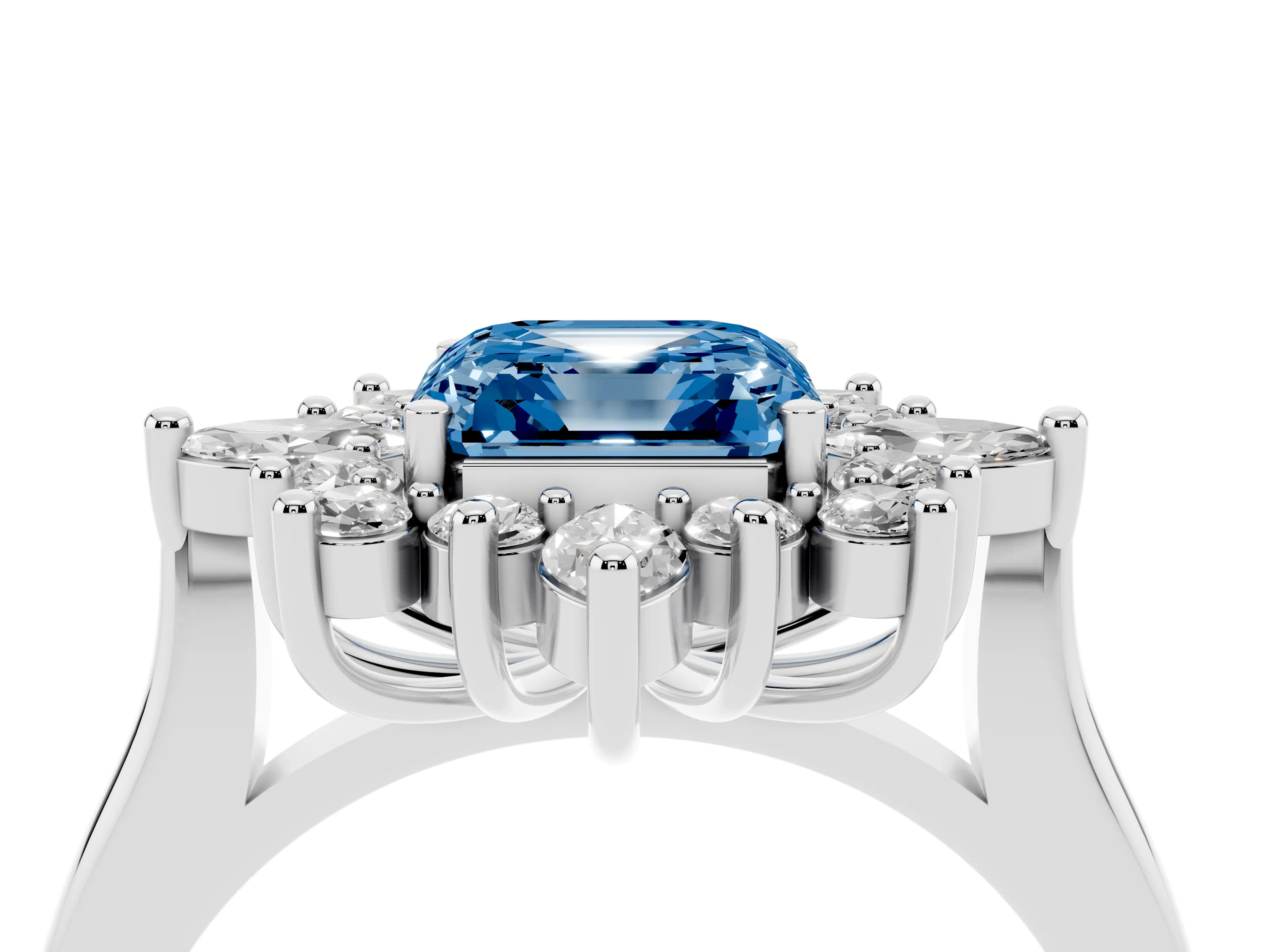 Fancy Blue Asscher Cut Diamond Cluster Halo Ring Set in Silver with Marquise and Round Accents