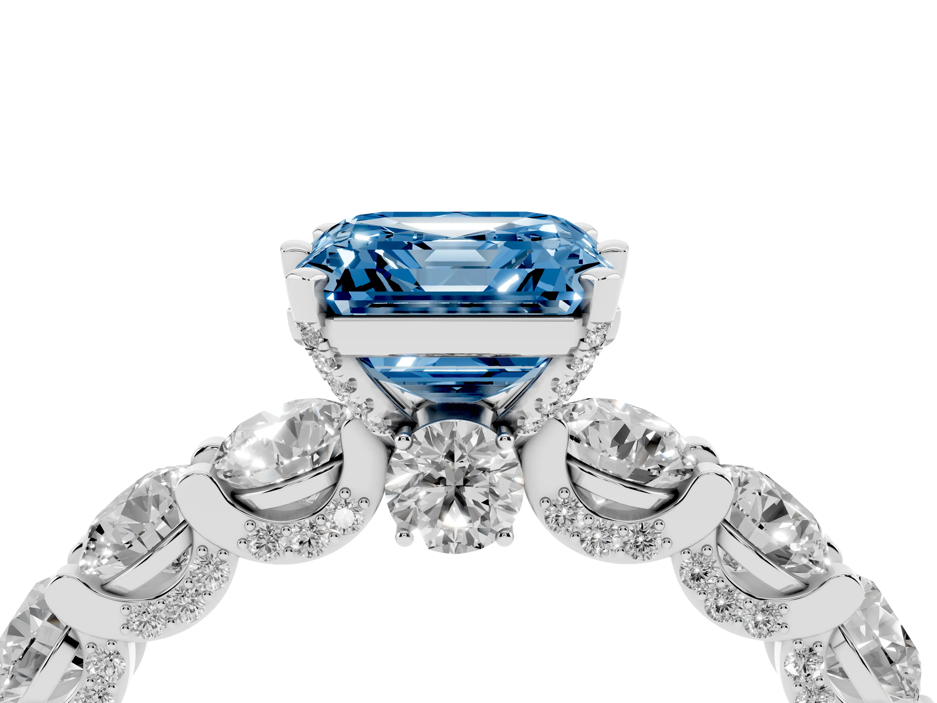 Fancy Blue Asscher Cut Diamond Side Stone Ring Set in Silver with Alternating Round and Oval Side Stones