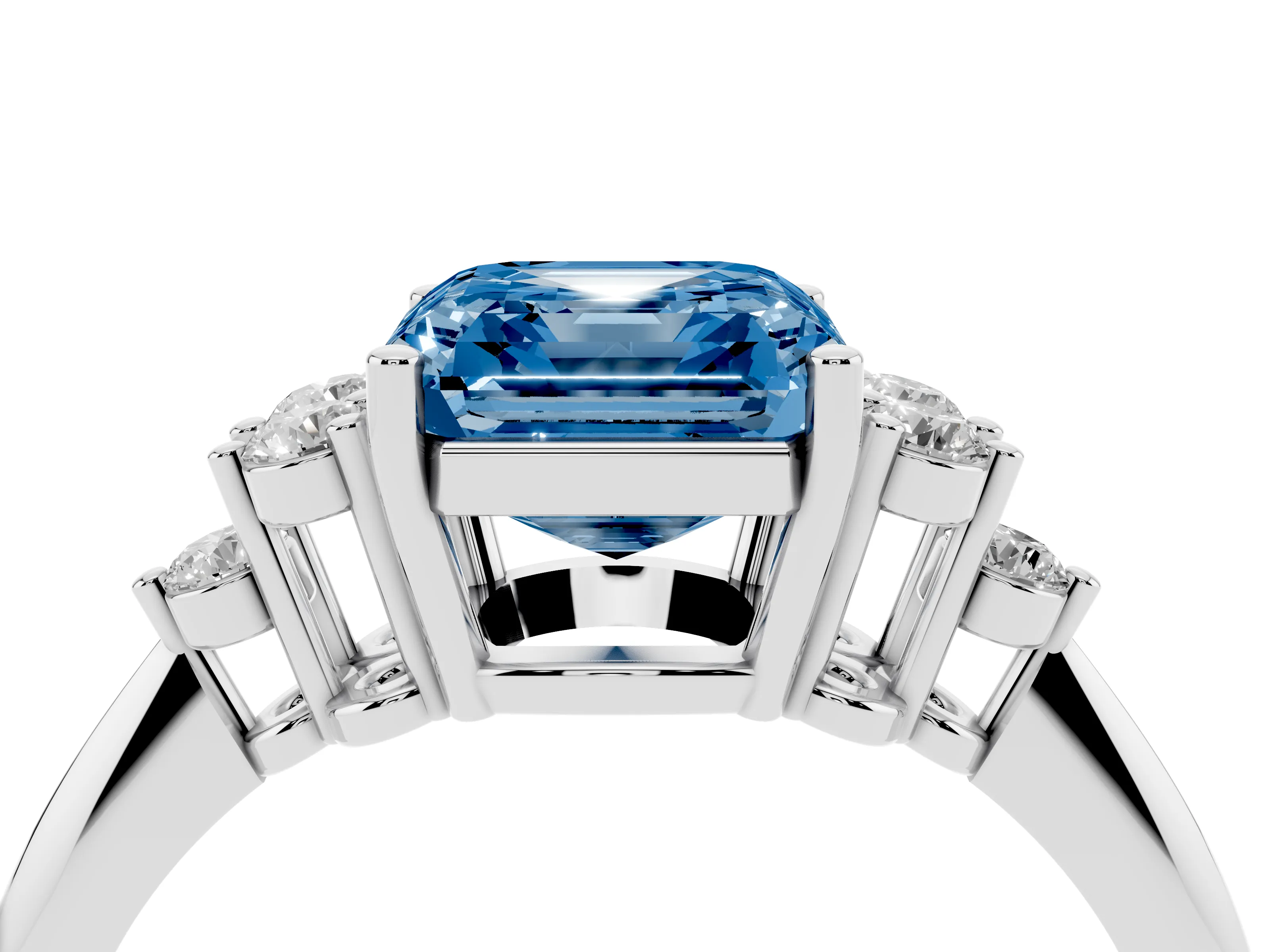 Fancy Blue Asscher Cut Diamond Cluster Ring Set in White gold with Plain Band and Prong Setting