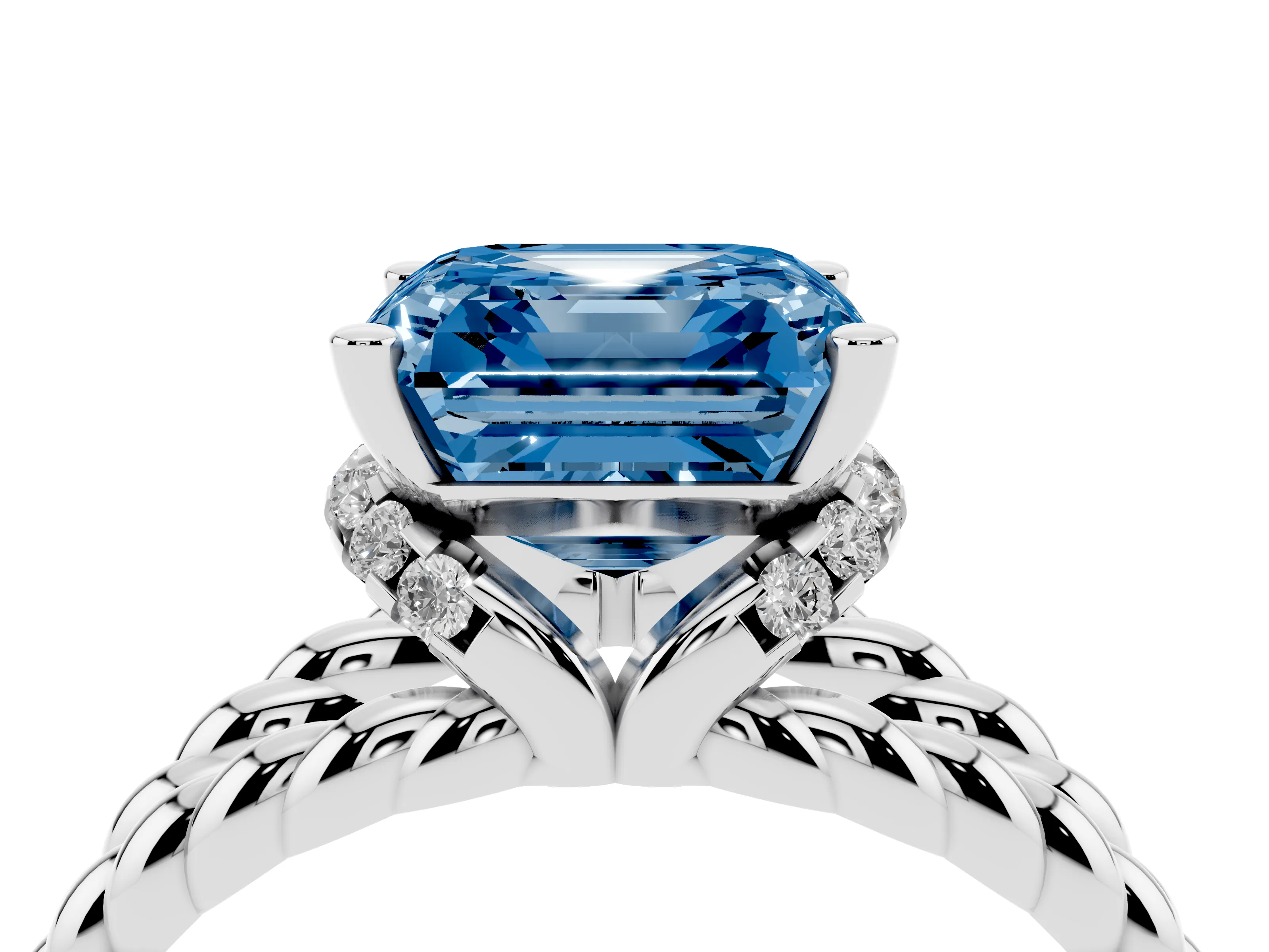 Fancy Blue Asscher Cut Diamond Halo Ring Set in White gold with Twisted Band and Prong Setting