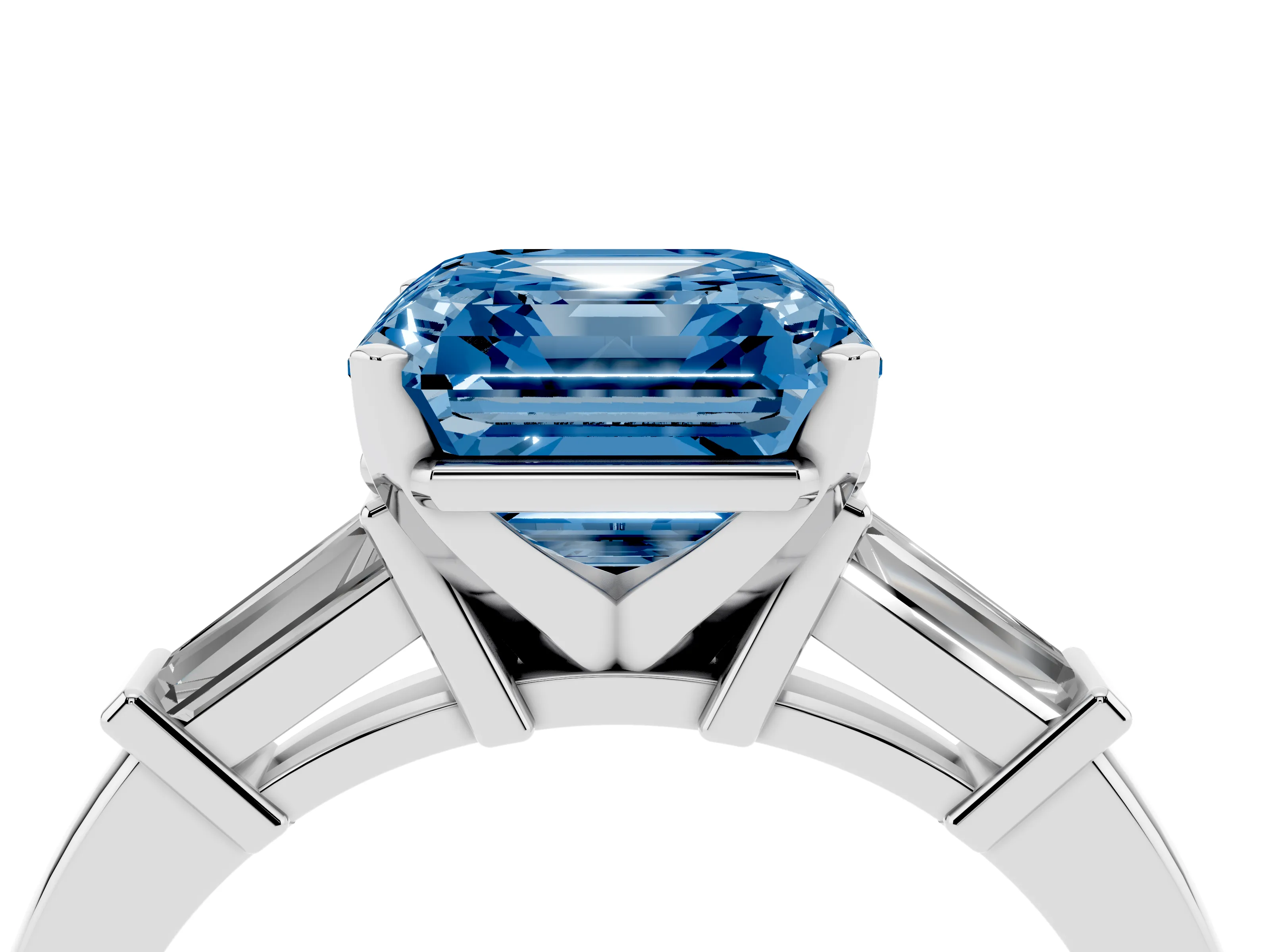 Fancy Blue Asscher Cut Diamond Solitaire Ring Set in White gold with Tapered Baguette Accents and Prong Setting