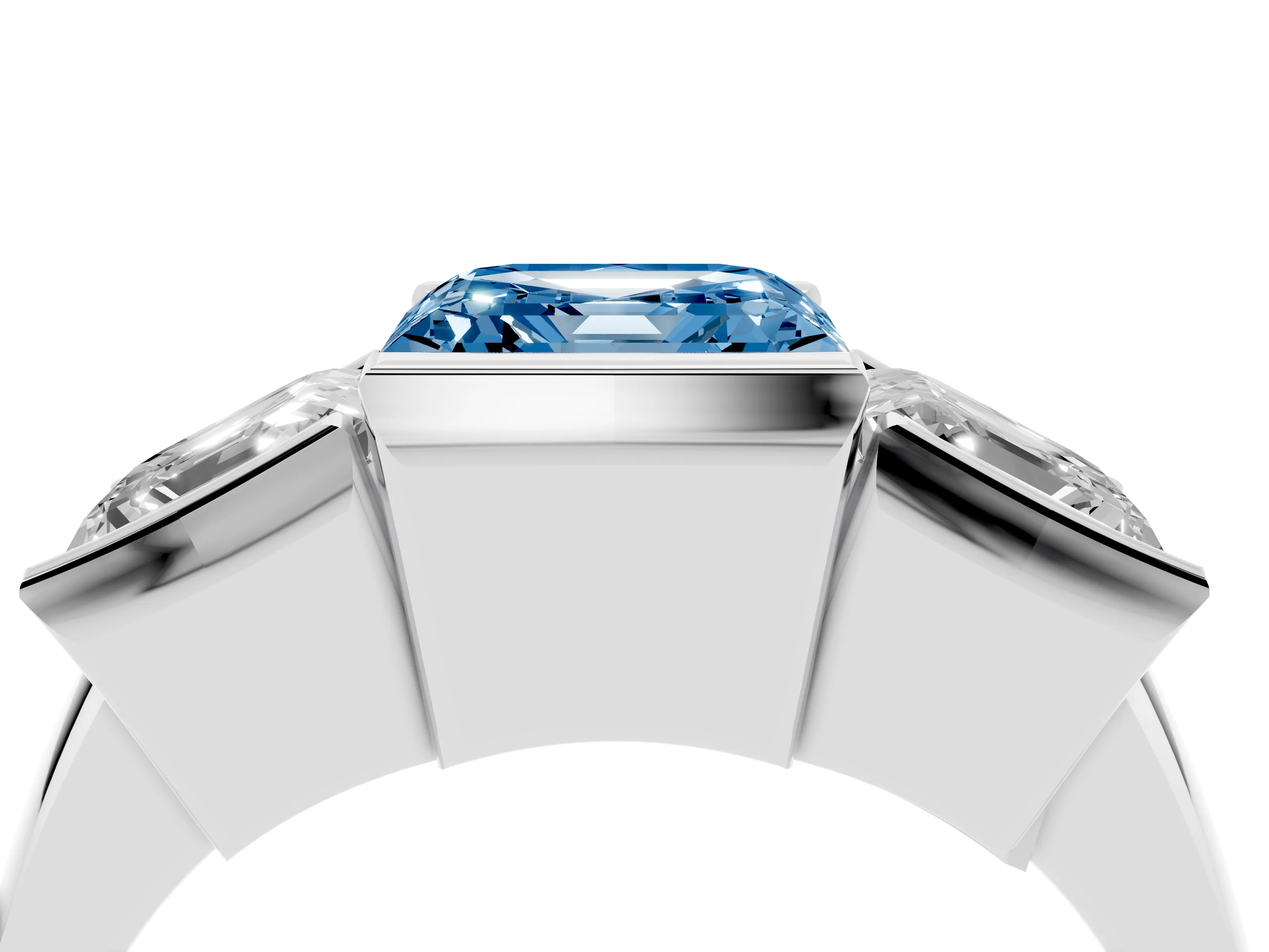 Fancy Blue Asscher Cut Diamond Three-Stone Channel Set Ring Set in White gold with Smooth Polished Band