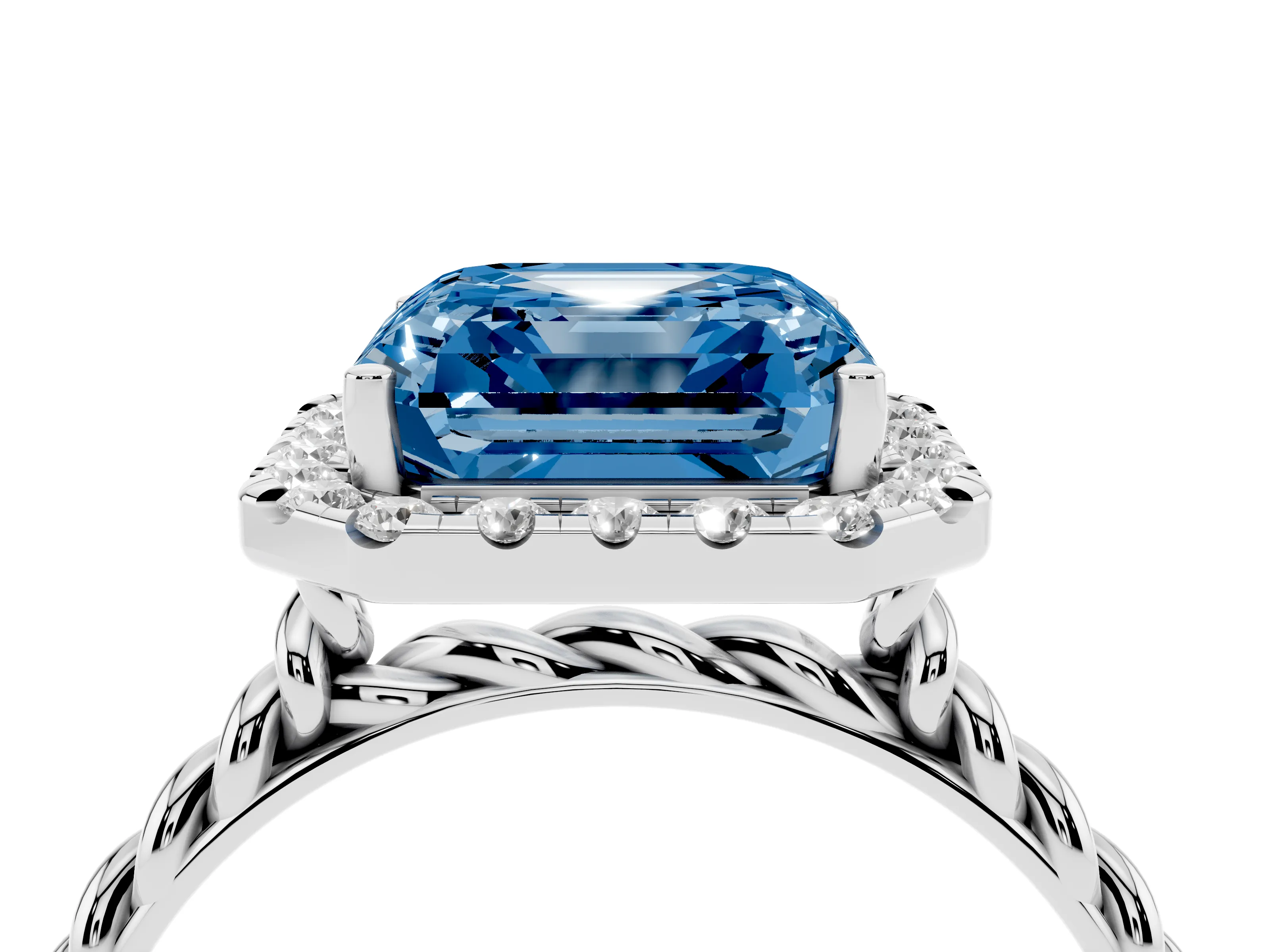 Fancy Blue Asscher Cut Diamond Halo Ring Set in Silver with Plain Twisted Band