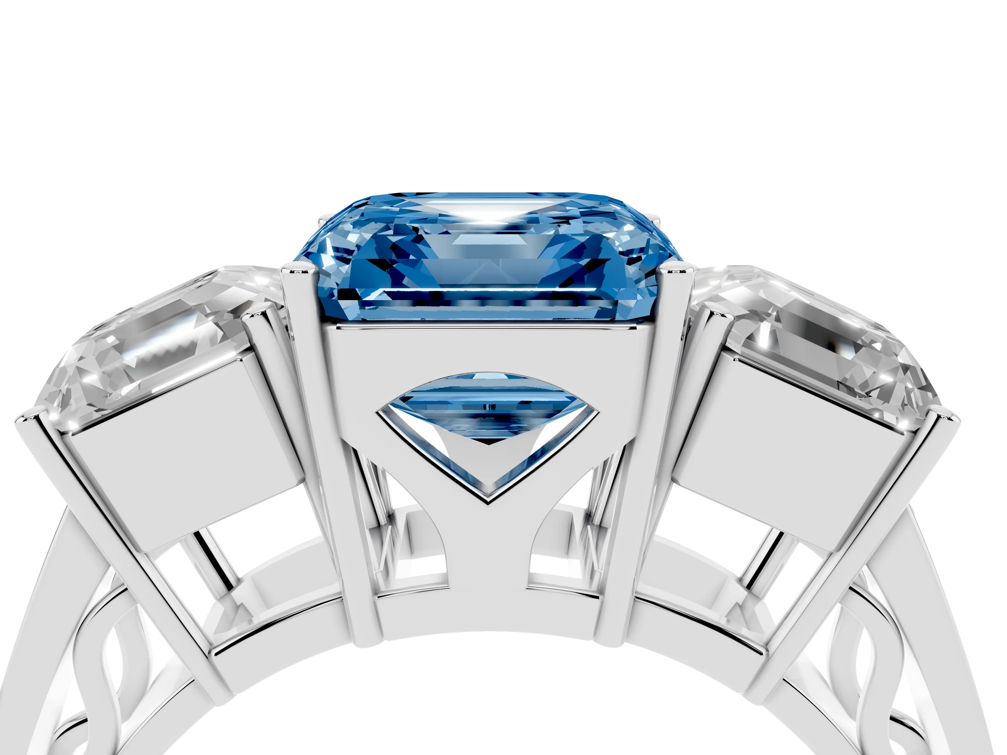 Fancy Blue Asscher Cut Diamond Three-Stone Ring Set in White gold with Textured Band