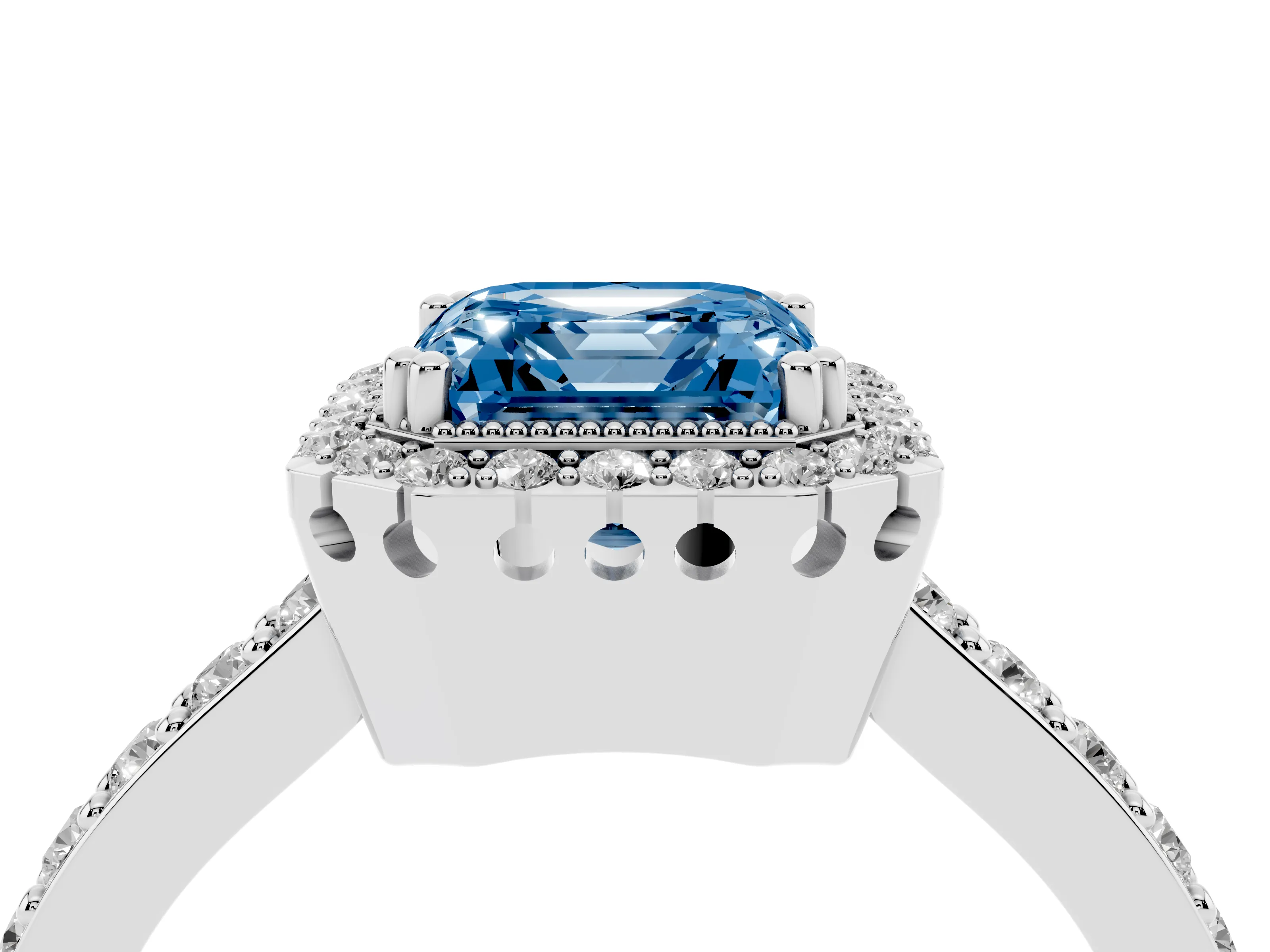 Fancy Blue Asscher Cut Diamond Halo Engagement Ring Set in White gold with Milgrain Detail and Pavé Band