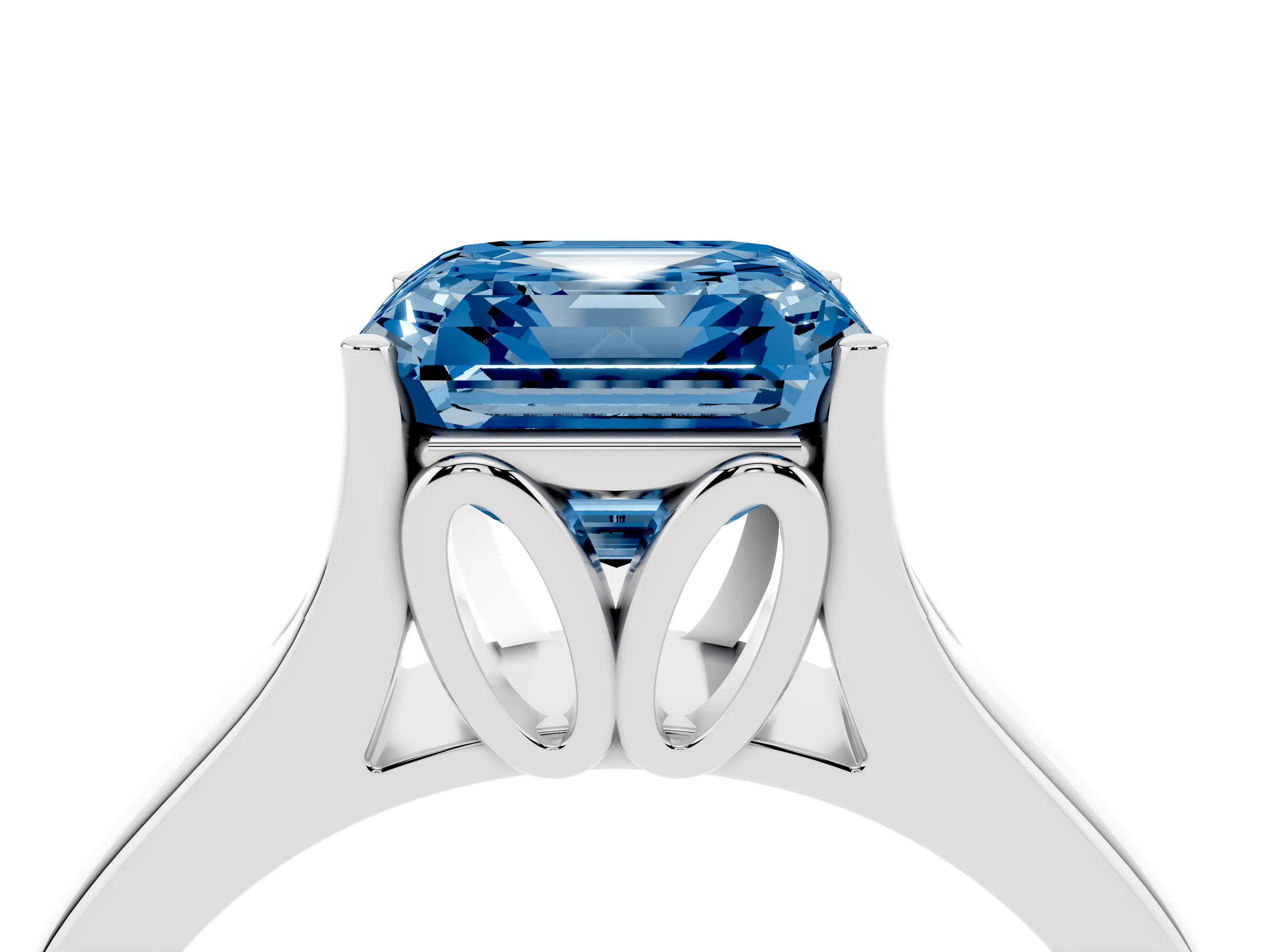Fancy Blue Asscher Cut Diamond Solitaire Ring Set in Platinum with Arched Cathedral Band and Prong Setting