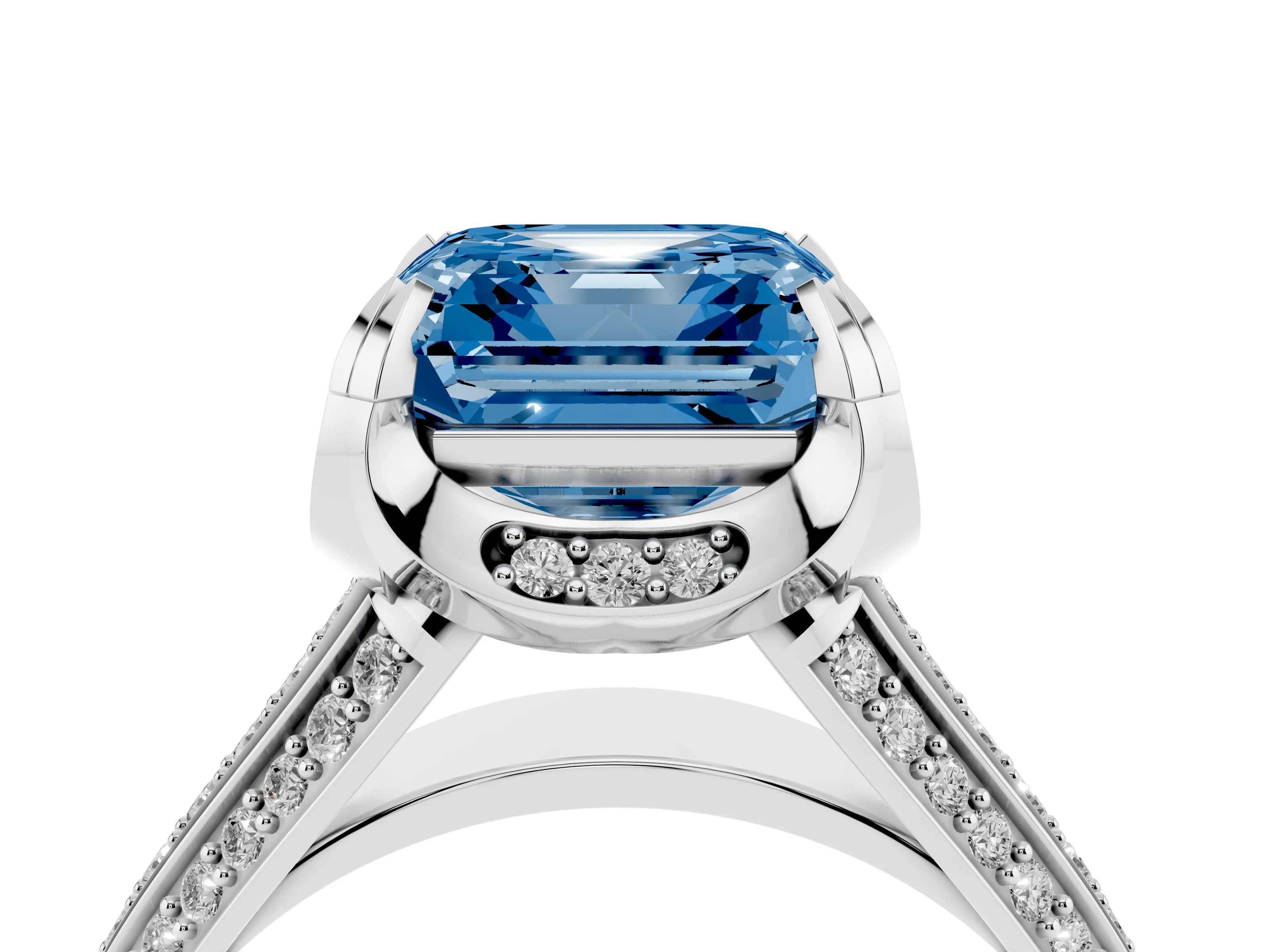 Fancy Blue Asscher Cut Diamond Pavé Split Shank Solitaire Ring Set in Platinum with Prong Setting