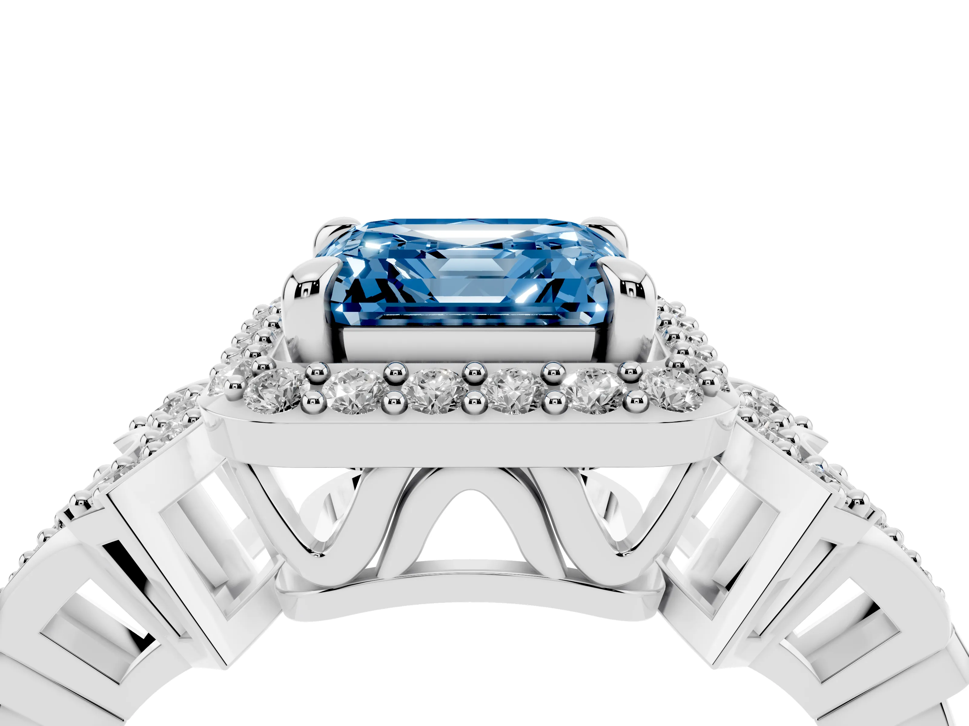 Fancy Blue Asscher Cut Diamond Halo Engagement Ring Set in White gold with Accent Stone Split Shank