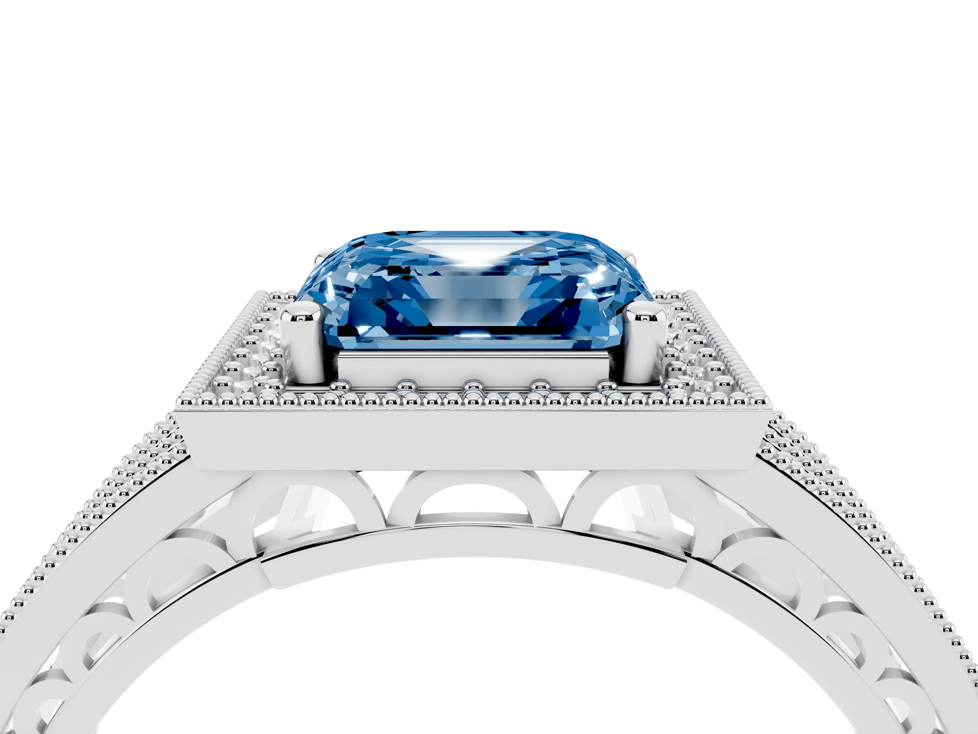 Fancy Blue Asscher Cut Diamond Halo Ring Set in Silver with Accent Split Shank and Prong Setting