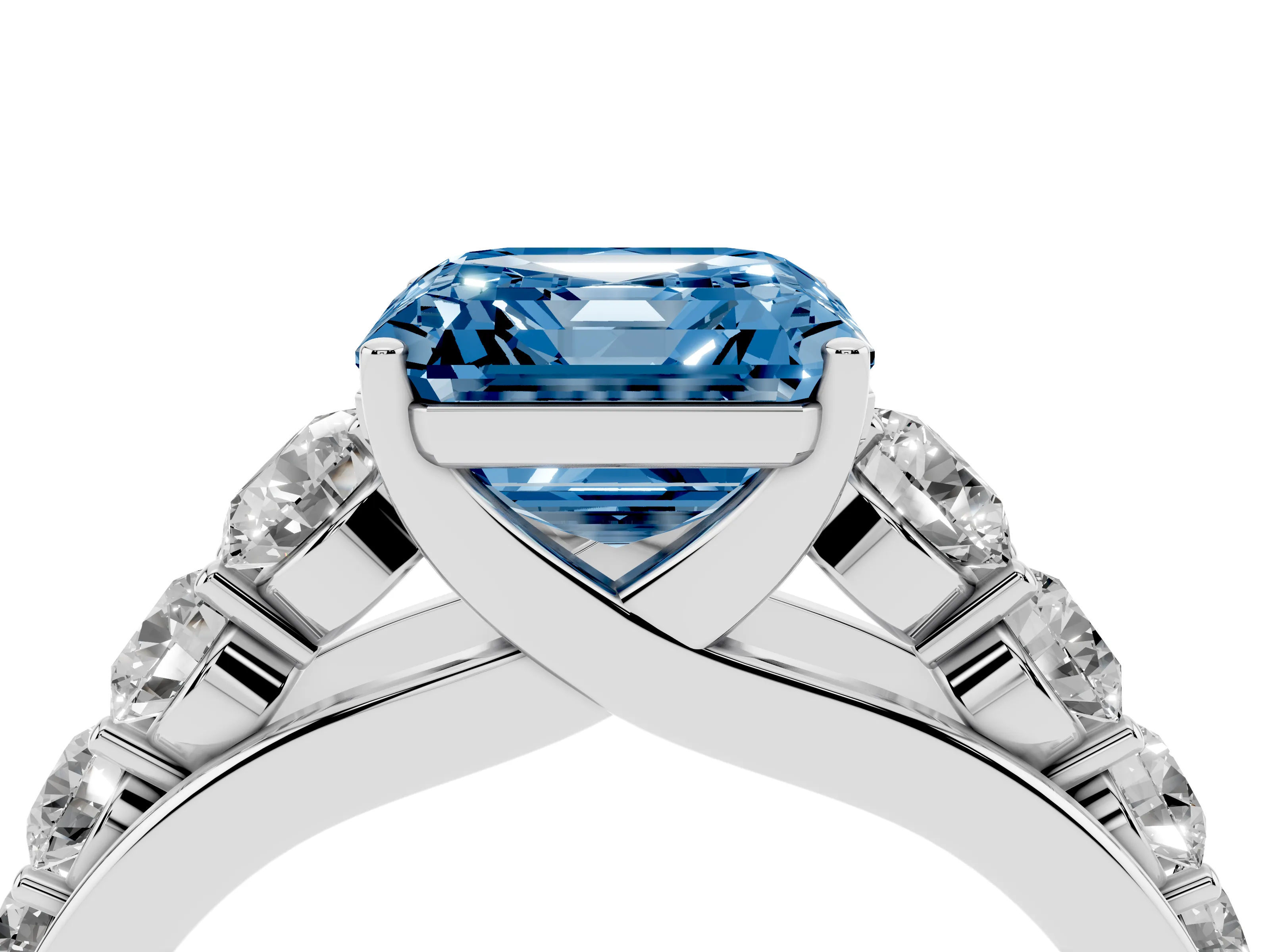 Fancy Blue Asscher Cut Diamond Solitaire Ring Set in Platinum with Pavé-Set Band and Prong Setting
