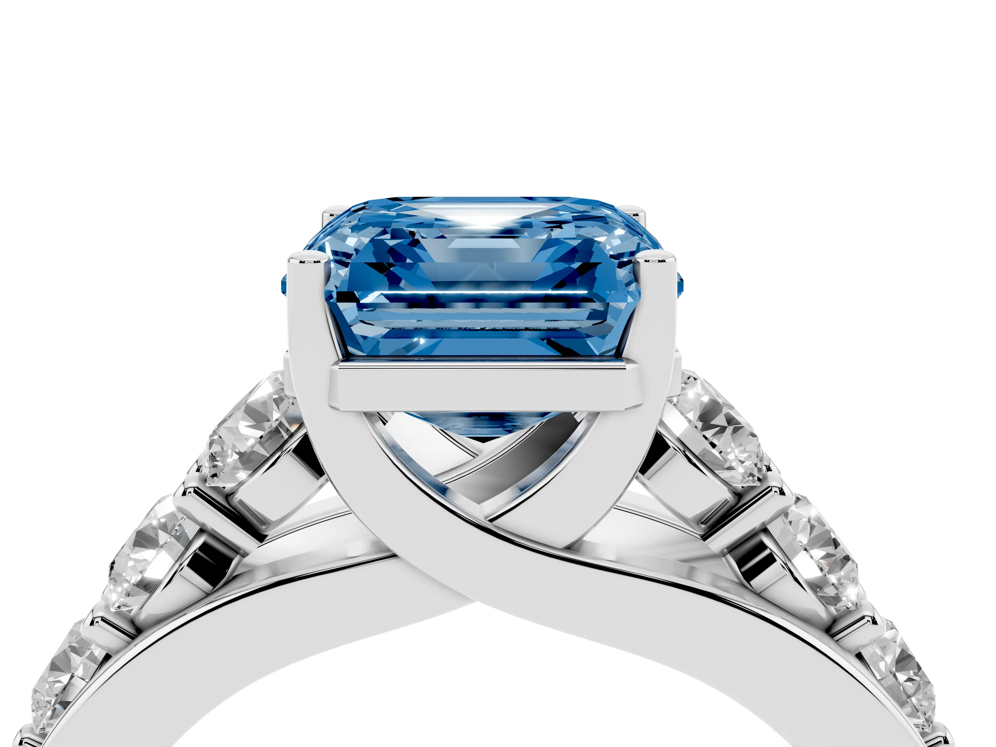 Fancy Blue Asscher Cut Diamond Pavé Engagement Ring Set in Platinum with Prong Setting