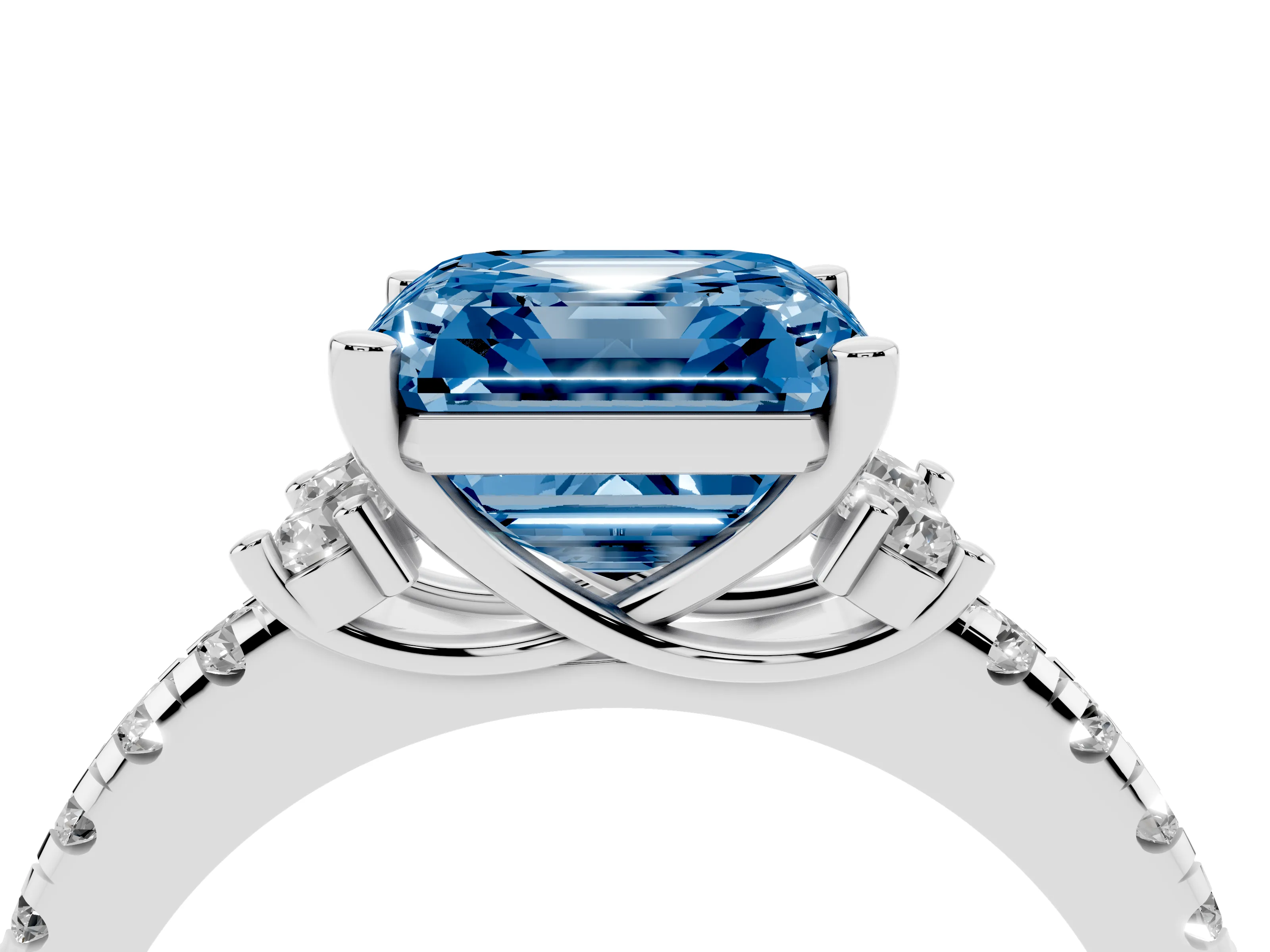 Fancy Blue Asscher Cut Diamond Three-Stone Pavé Ring Set in White gold with Prong Setting