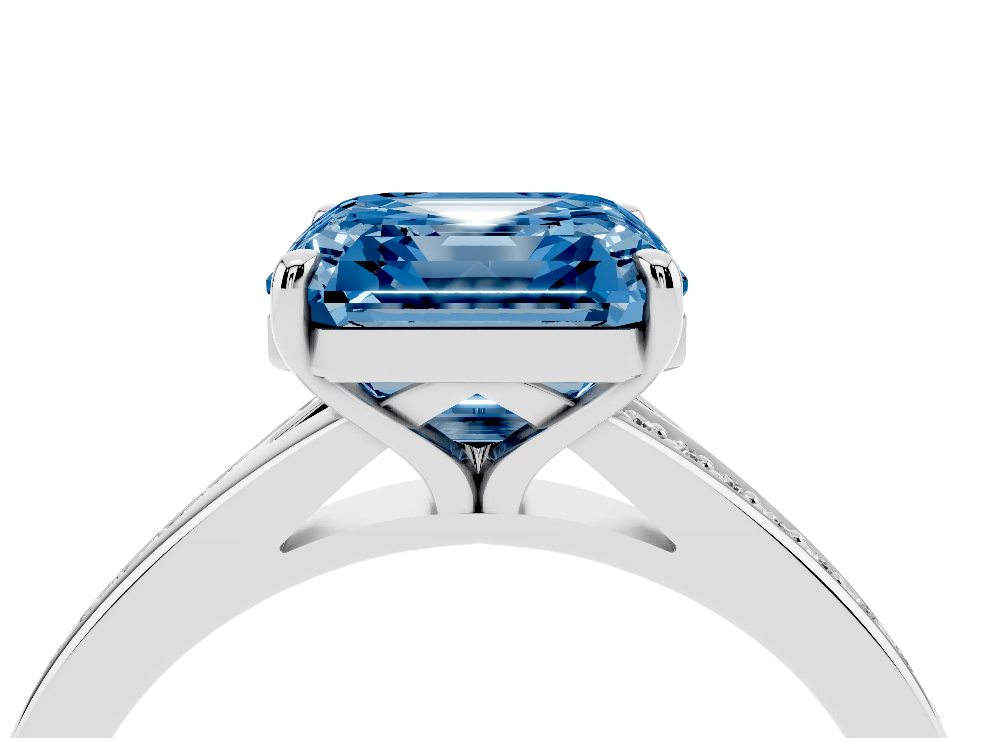 Fancy Blue Asscher Cut Diamond Solitaire Ring Set in Silver with Pavé Accent Band and Classic Prong Setting