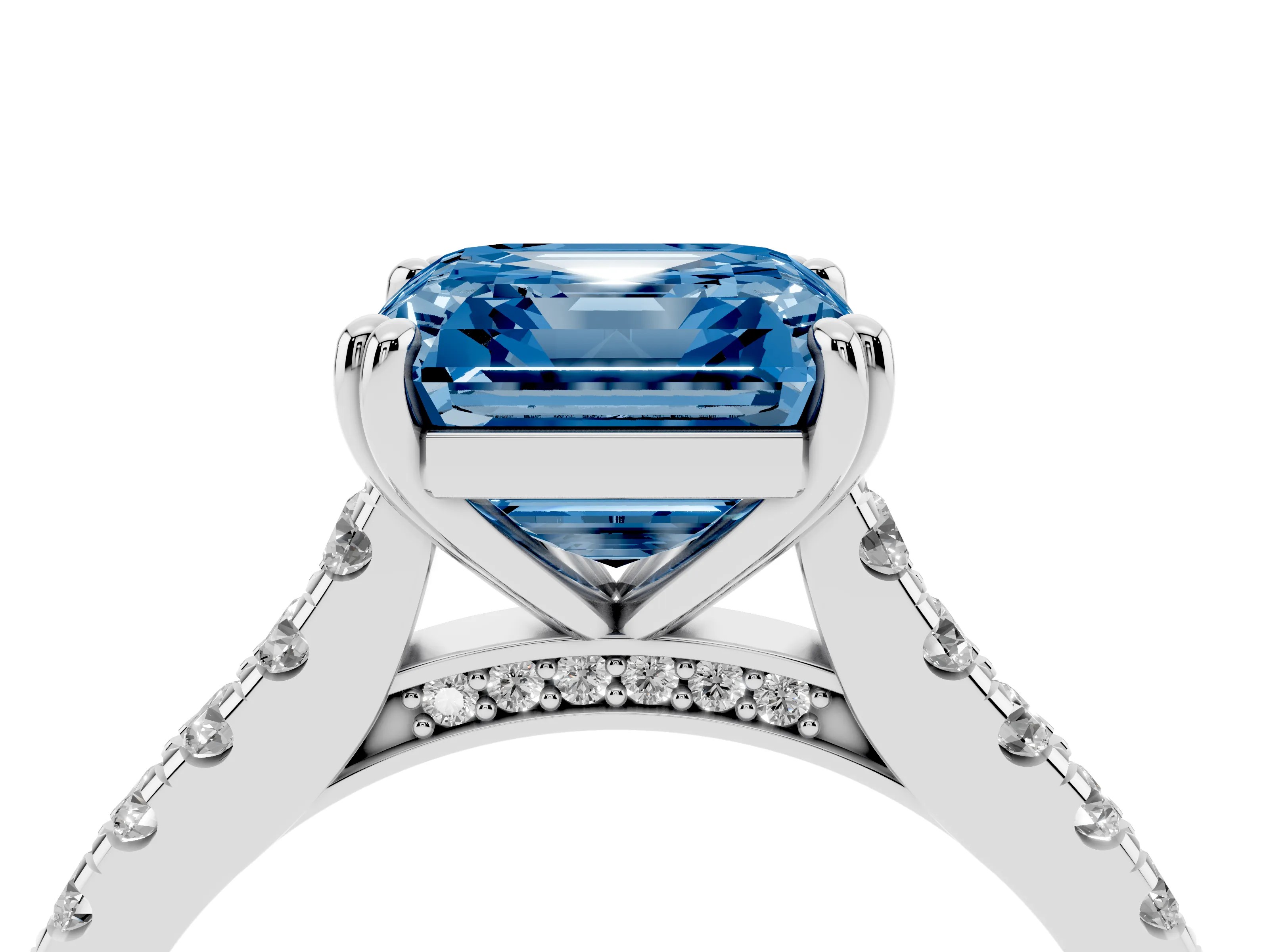 Fancy Blue Asscher Cut Diamond Solitaire Engagement Ring Set in Silver with Pavé Accents and Prong Setting