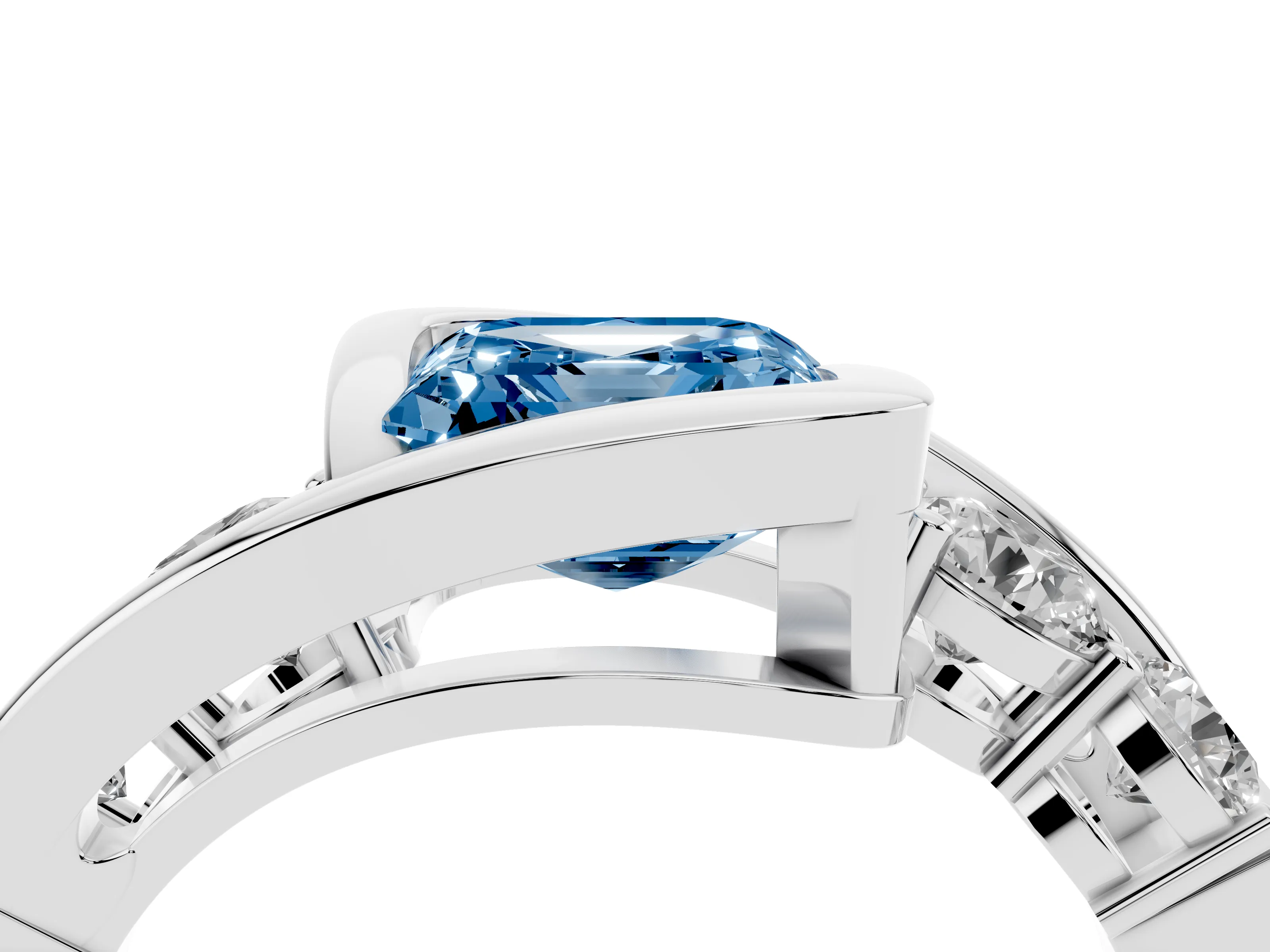 Fancy Blue Asscher Cut Diamond Bezel Bypass Ring Set in Silver with Round Accents