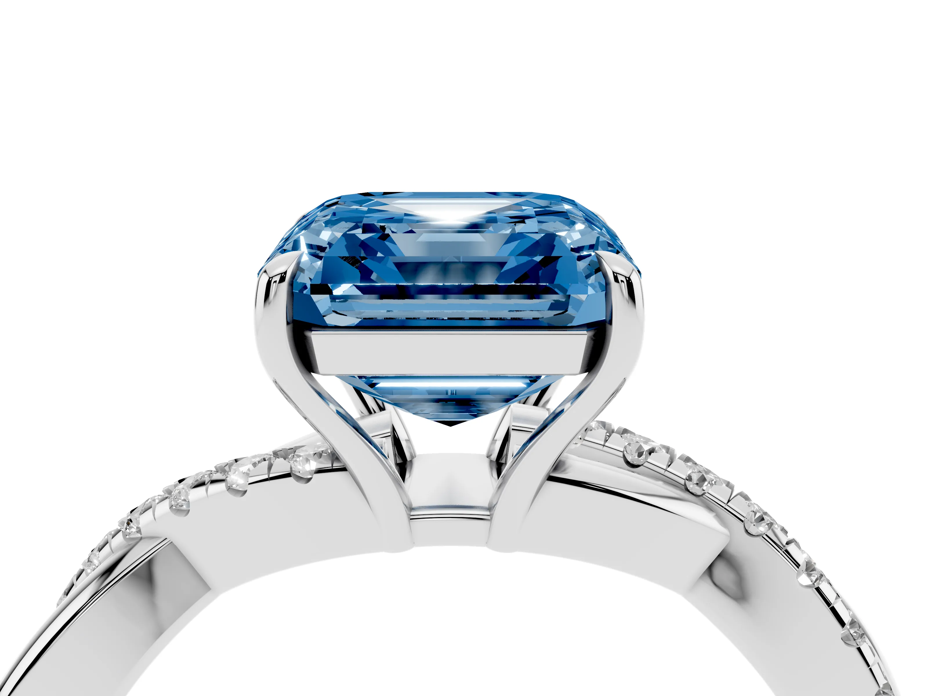 Fancy Blue Asscher Cut Diamond Twisted Pavé Band Ring Set in Silver with Prong Setting