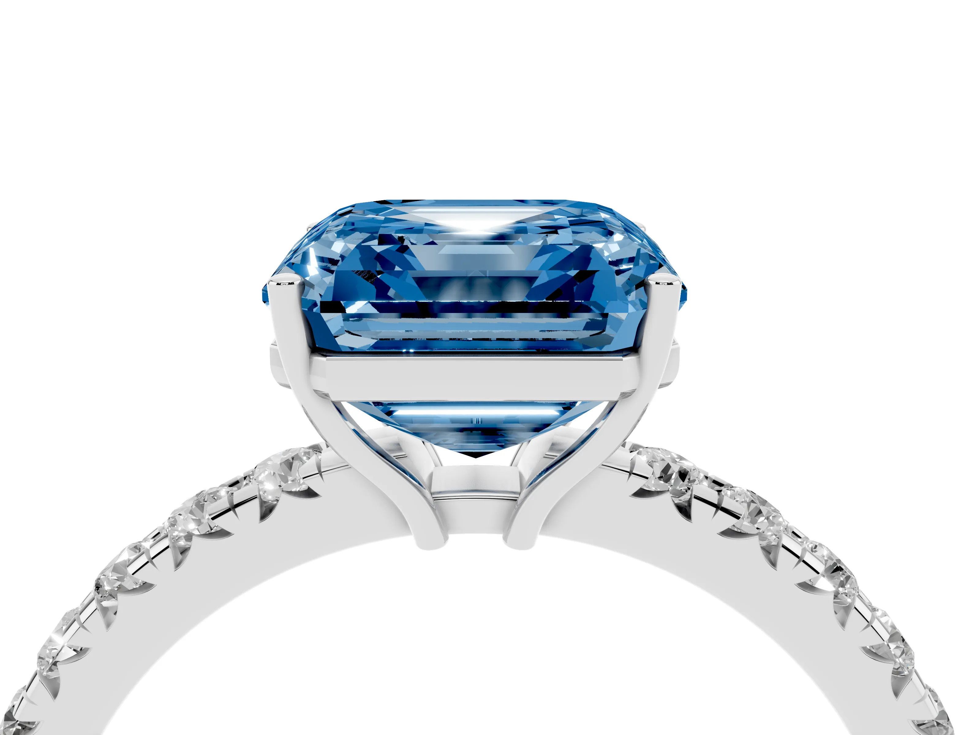 Fancy Blue Asscher Cut Diamond Pavé Solitaire Engagement Ring Set in Silver with Prong Setting
