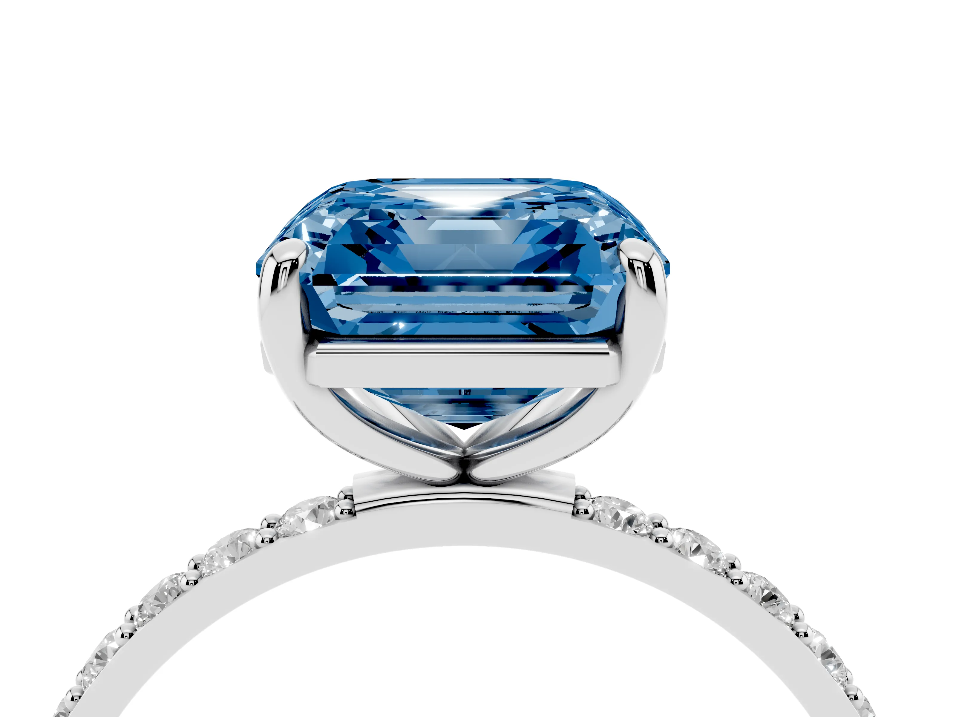 Fancy Blue Asscher Cut Diamond Solitaire Ring Set in Platinum with Round Pavé Band and Prong Setting