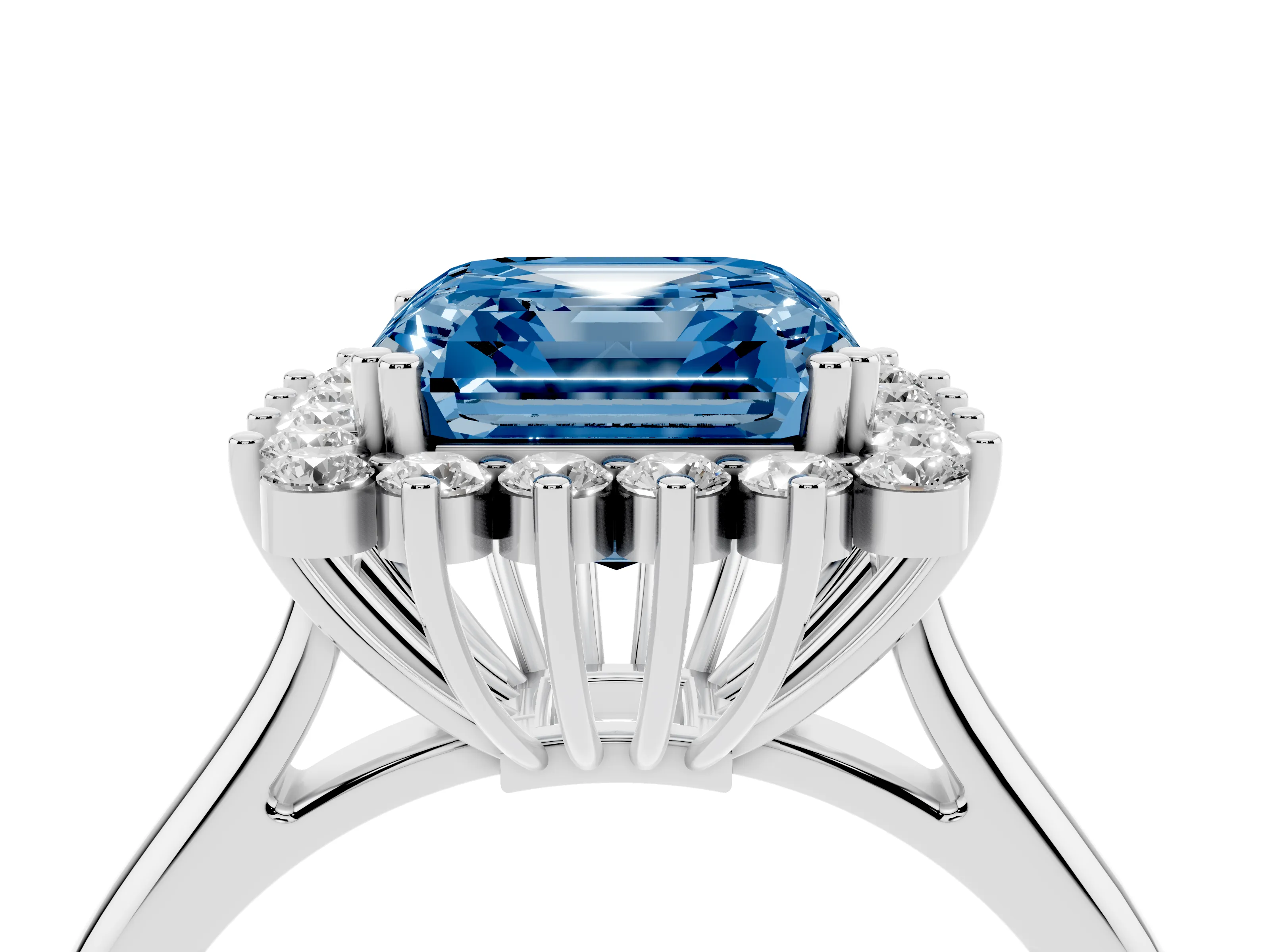 Fancy Blue Asscher Cut Diamond Halo Ring Set in Silver with Plain Solitaire Band and Prong Setting