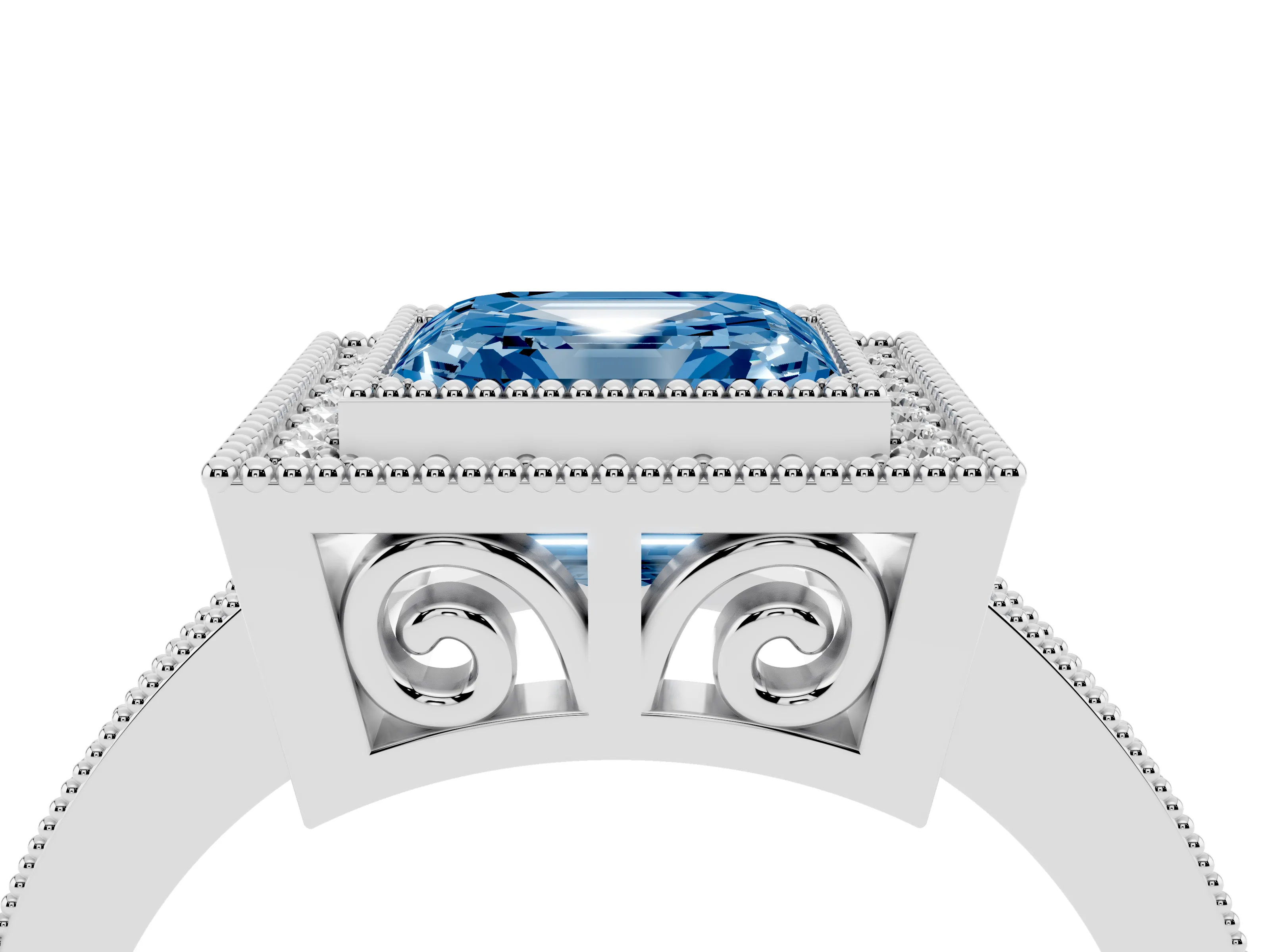 Fancy Blue Asscher Cut Diamond Round Halo Ring Set in Platinum with Pavé Band