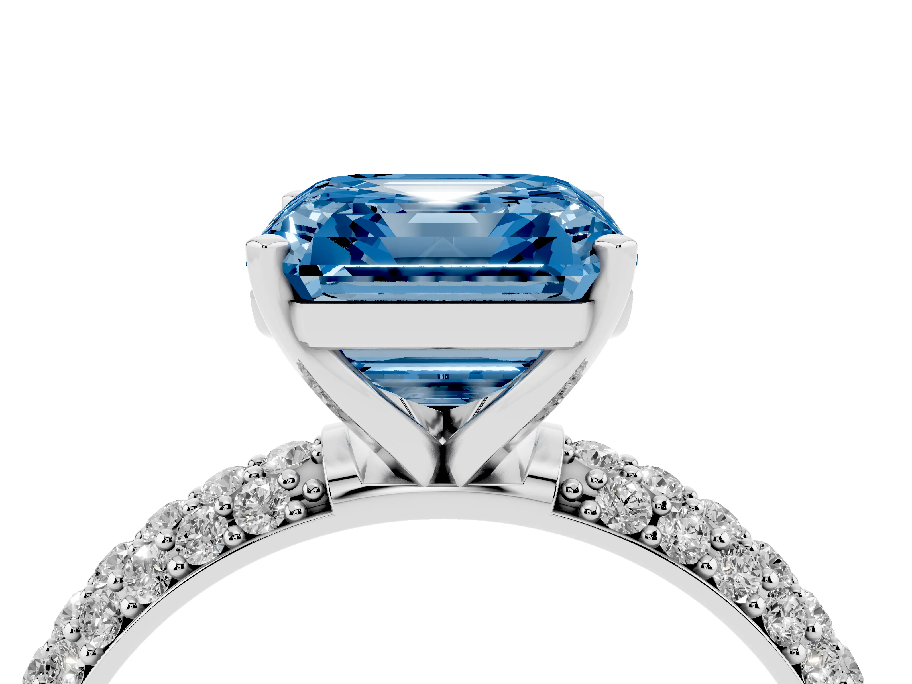 Fancy Blue Asscher Cut Diamond Solitaire Ring Set in White gold with Prong Setting and Pavé-Set Band