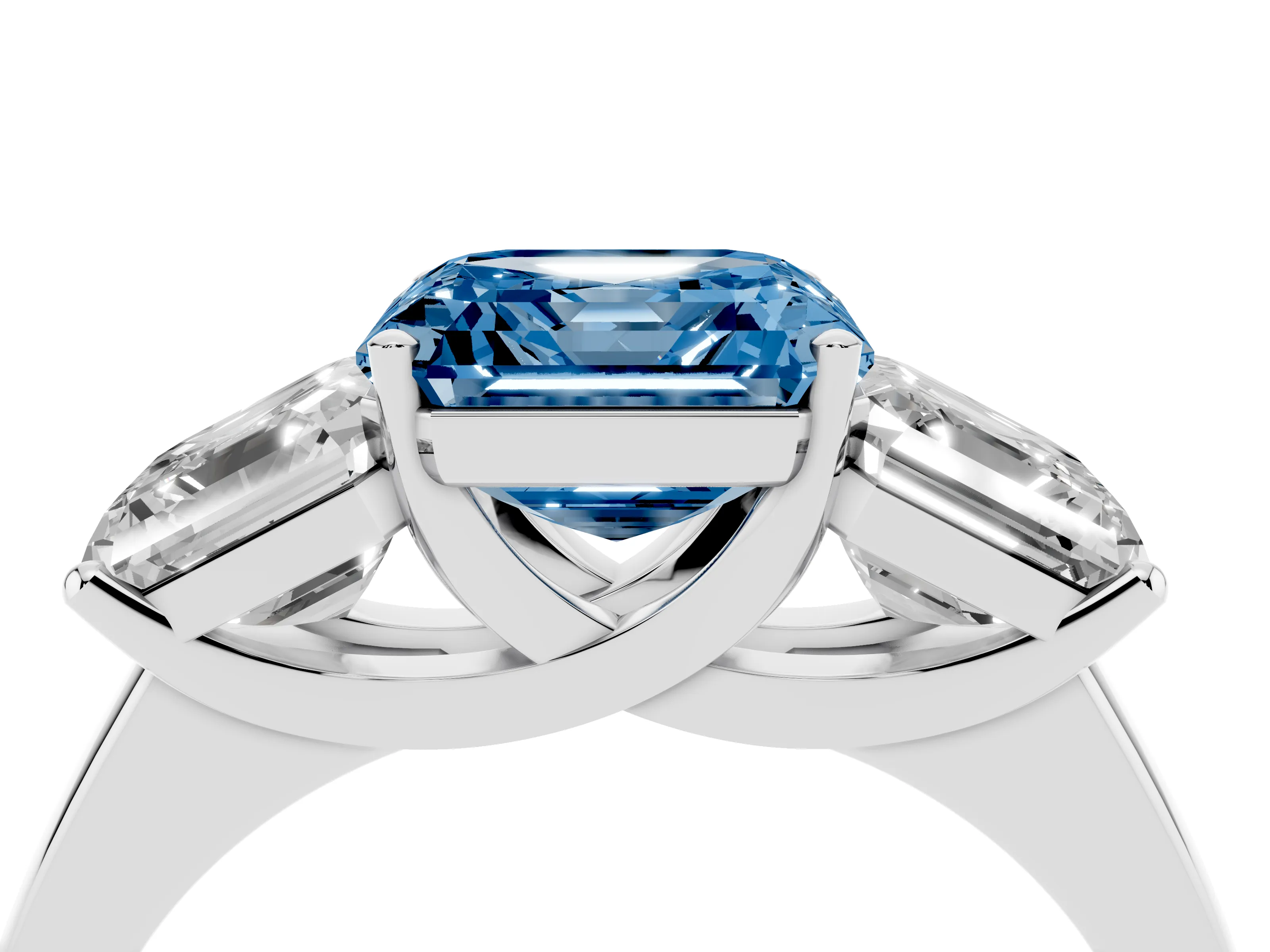Fancy Blue Asscher Cut Diamond Three-Stone Ring Set in Silver with Classic Prong Setting and Plain Band