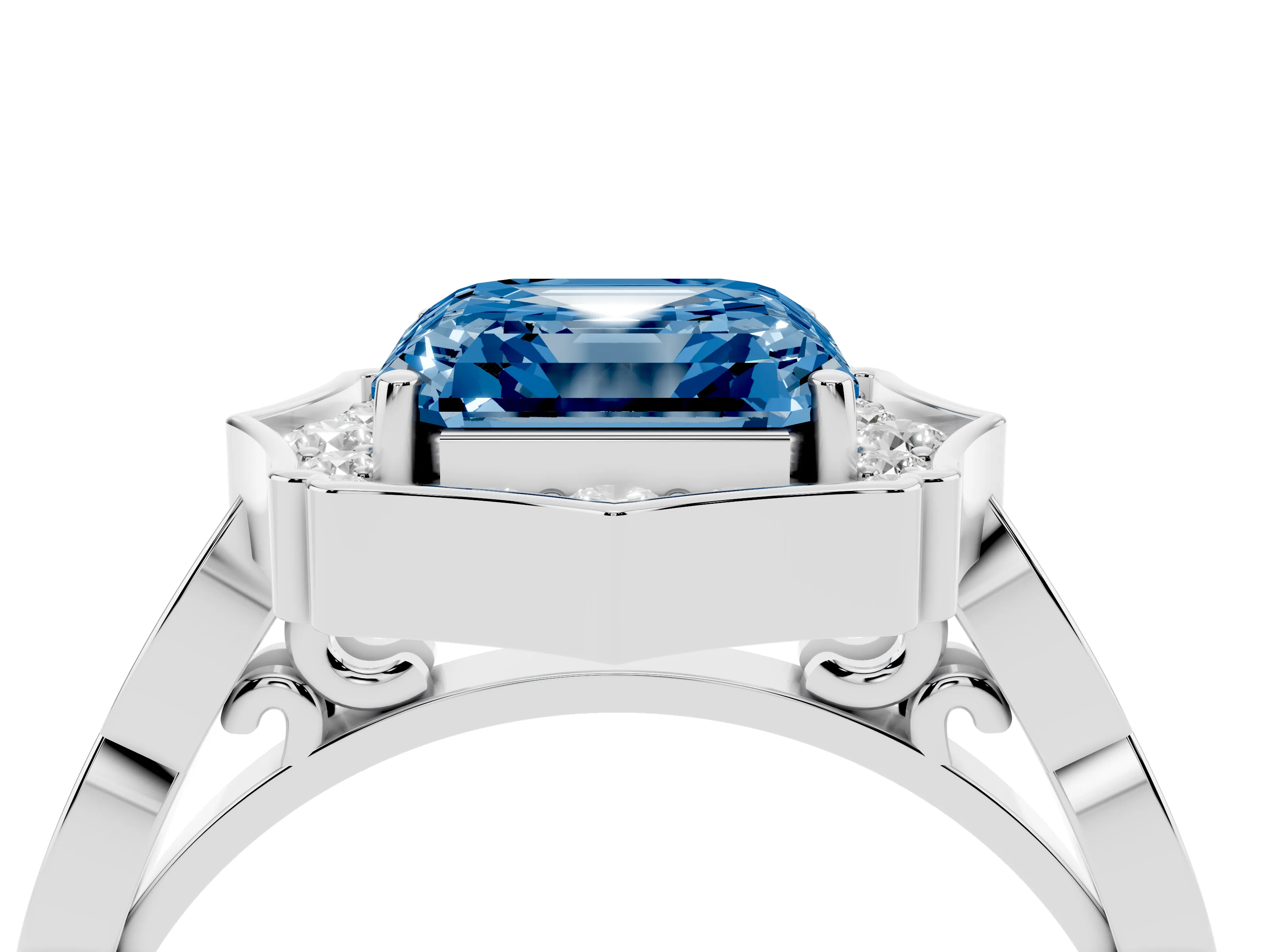 Fancy Blue Asscher Cut Diamond Halo Engagement Ring Set in White gold with Milgrain Band and Prong Setting