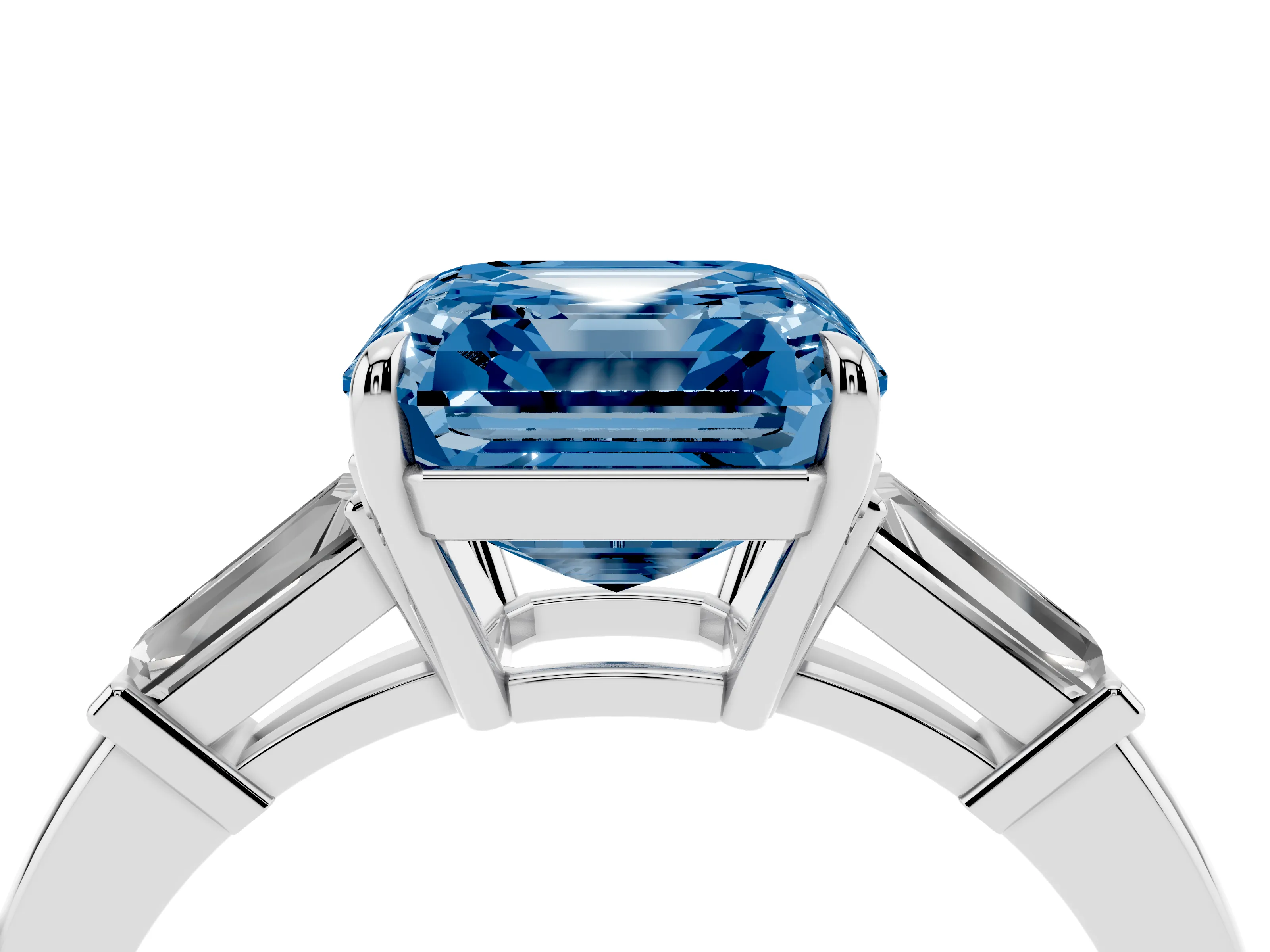 Fancy Blue Asscher Cut Diamond Three-Stone Ring Set in White gold with Tapered Baguette Side Stones and Prong Setting