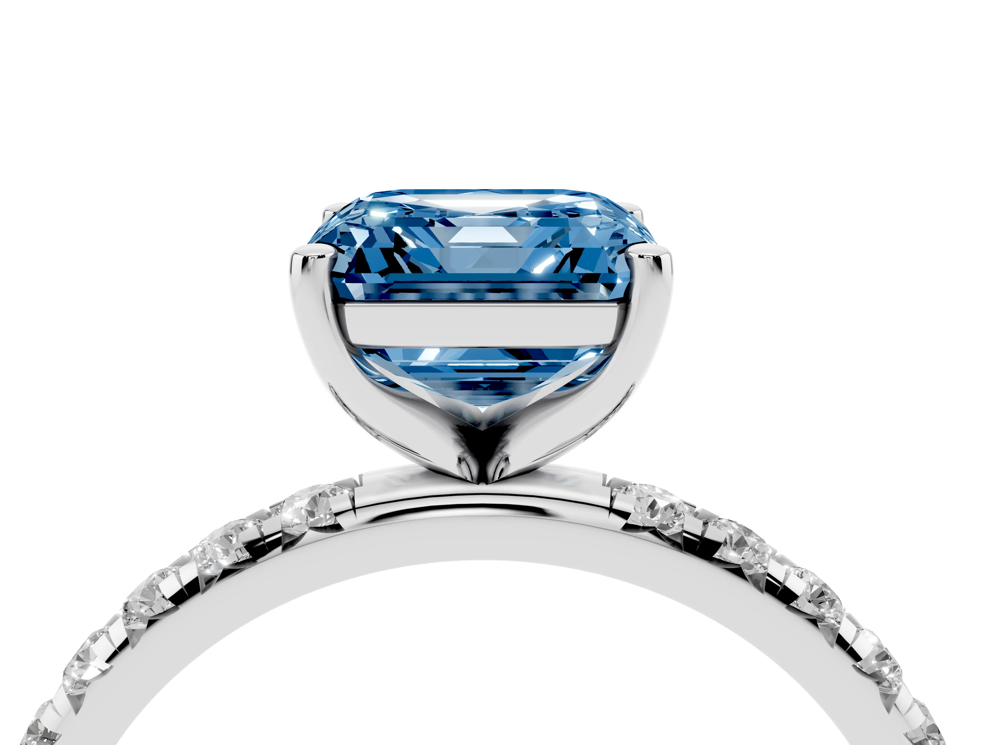 Fancy Blue Asscher Cut Diamond Solitaire Ring Set in Silver with Micro Pavé Band and Prong Setting