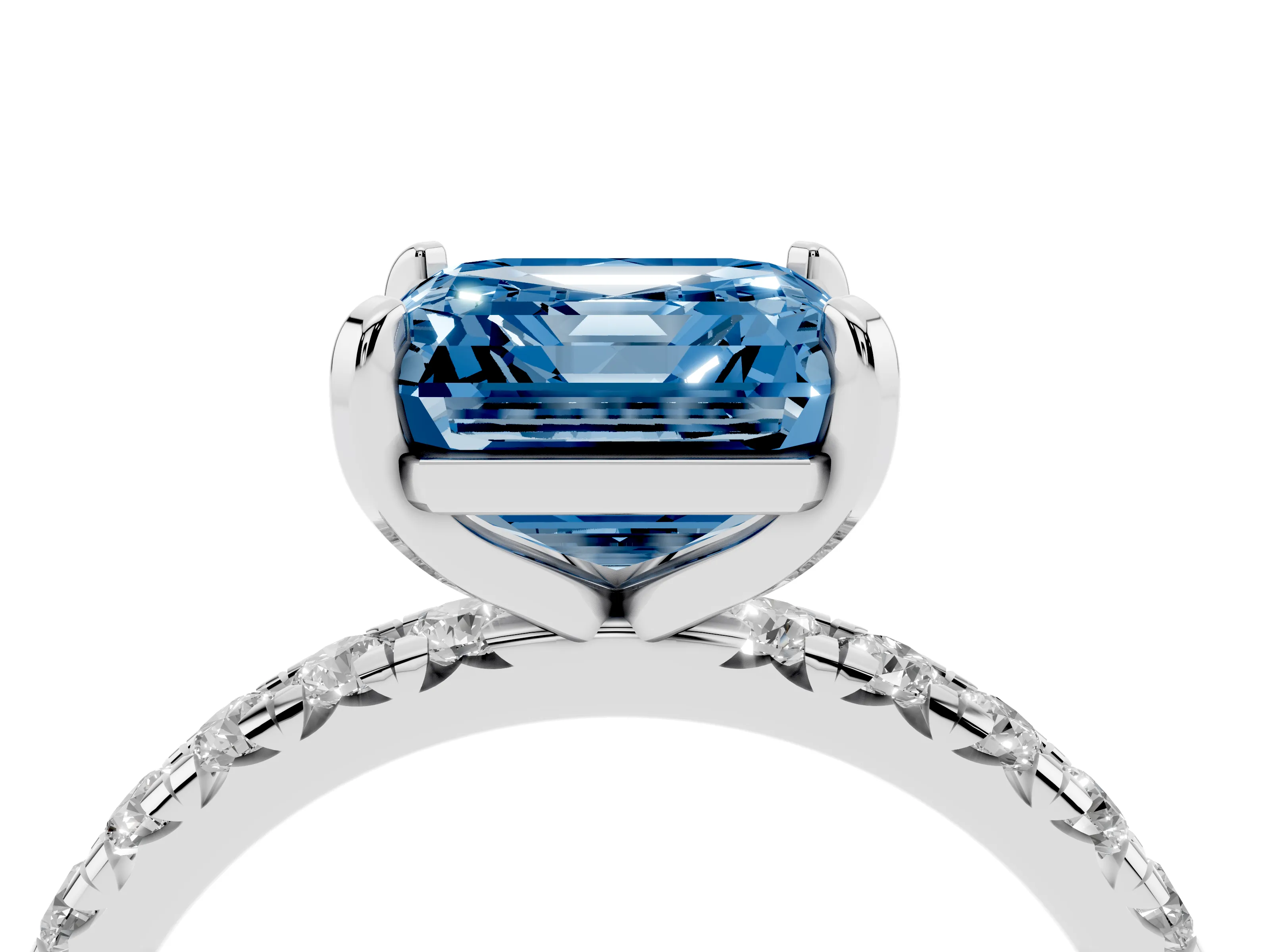 Fancy Blue Asscher Cut Diamond Pavé Solitaire Ring Set in Silver with Round Band and Prong Setting