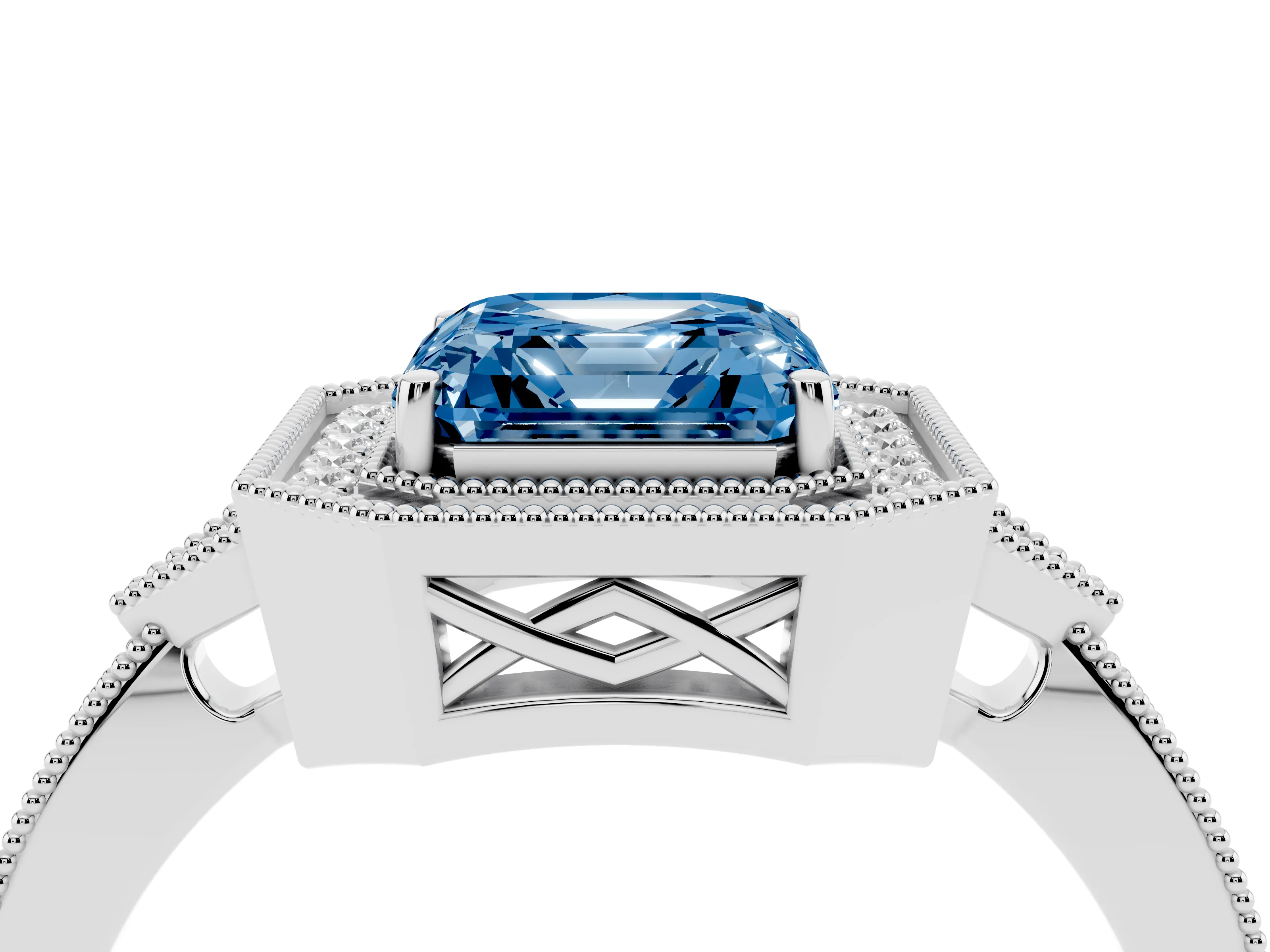 Fancy Blue Asscher Cut Diamond Halo Engagement Ring Set in White gold with Milgrain Pavé Band
