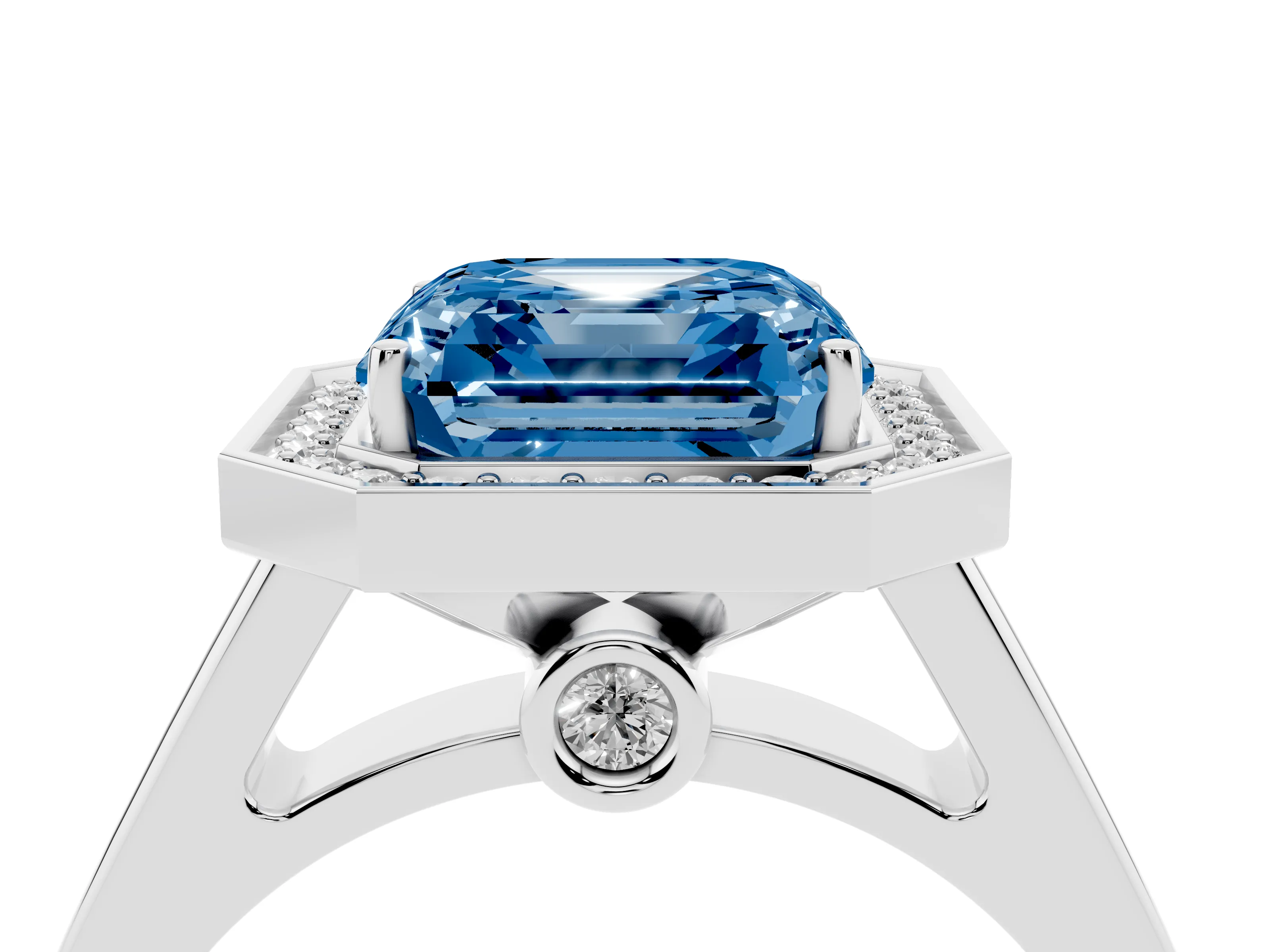 Fancy Blue Asscher Cut Diamond Halo Solitaire Ring Set in White gold with Pavé Band and Bezel Setting