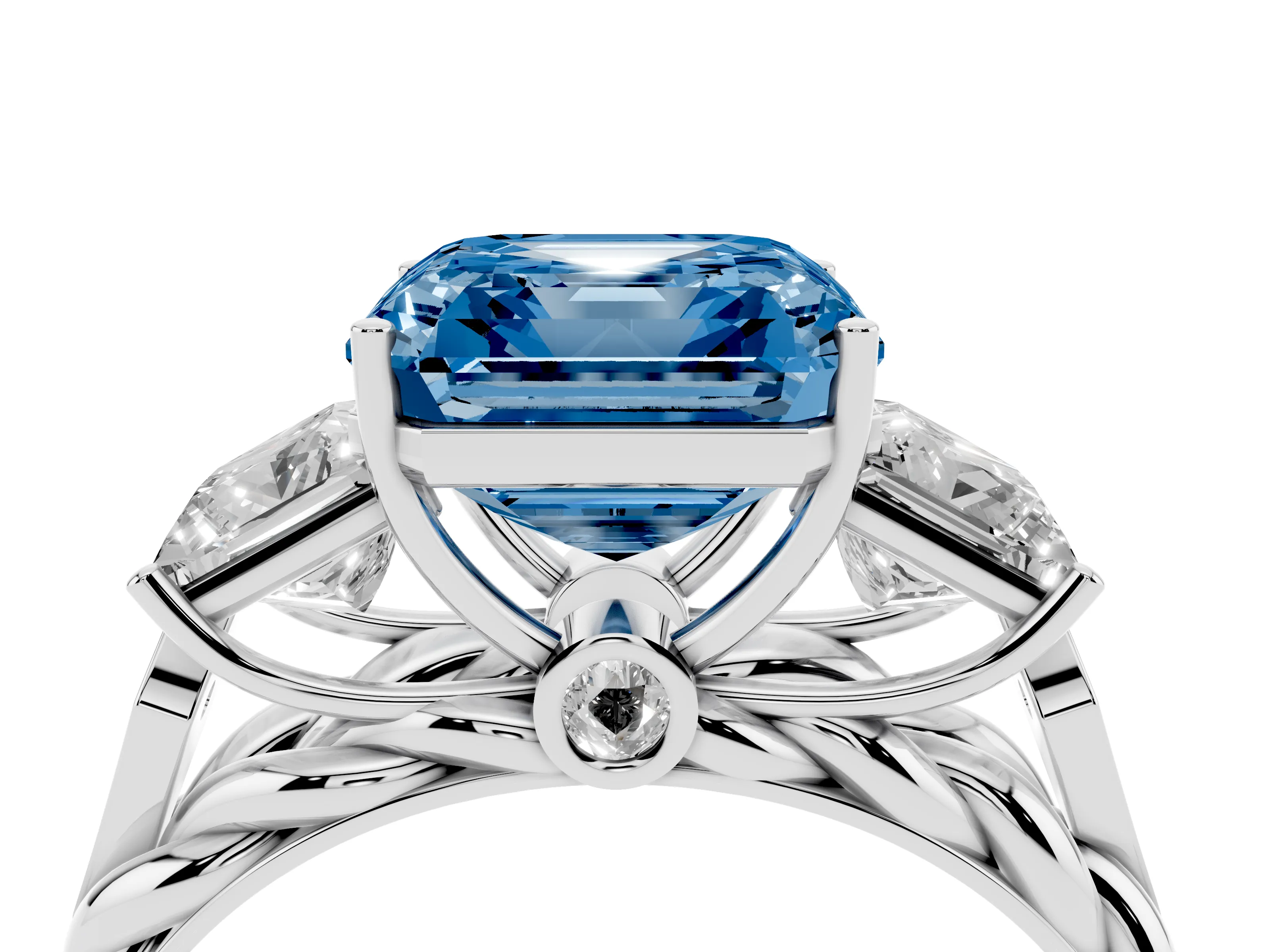 Fancy Blue Asscher Cut Diamond Three-Stone Ring Set in White gold with Braided Band