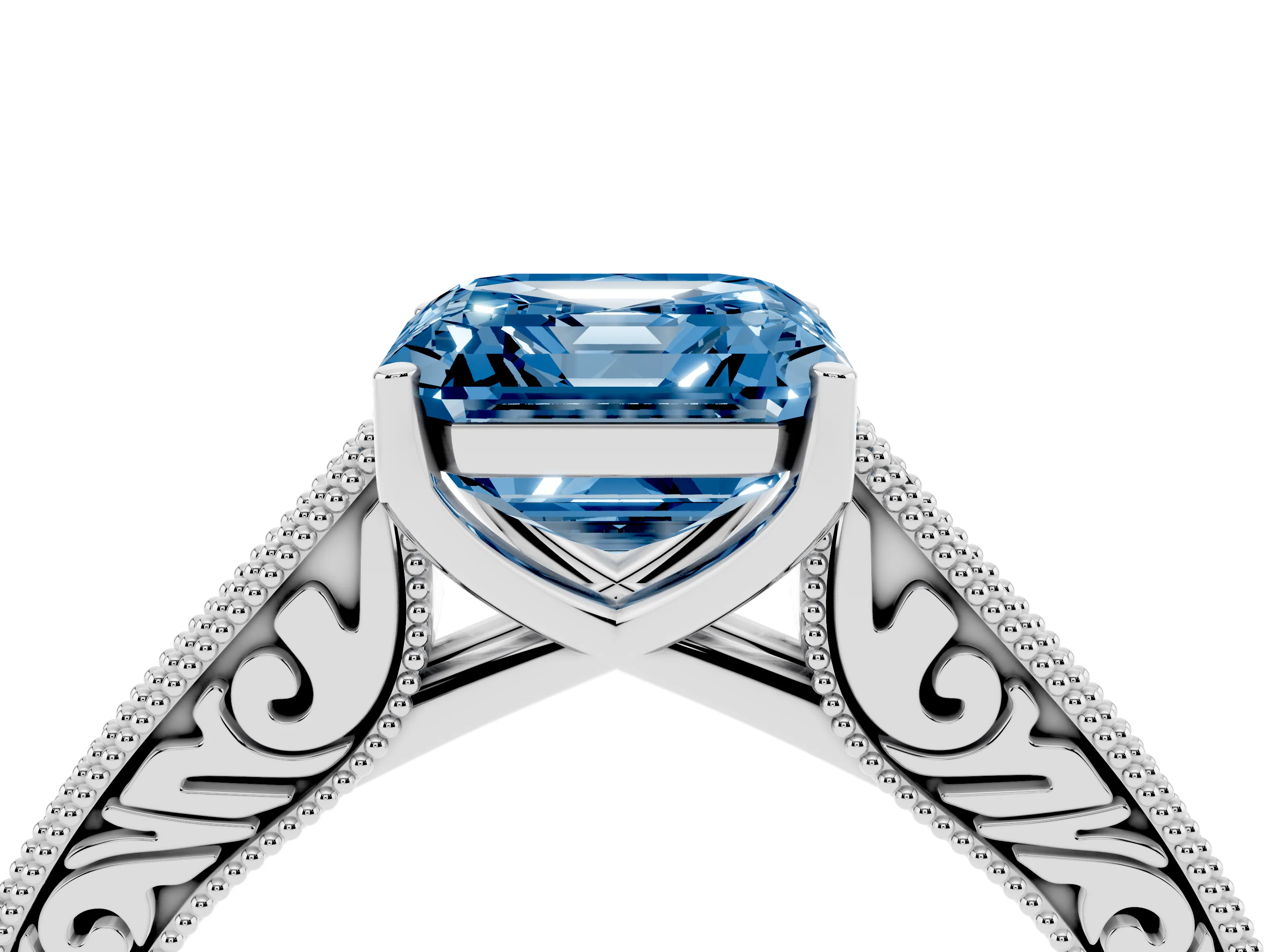 Fancy Blue Asscher Cut Diamond Milgrain Pavé Band Solitaire Ring Set in Platinum with Prong Setting
