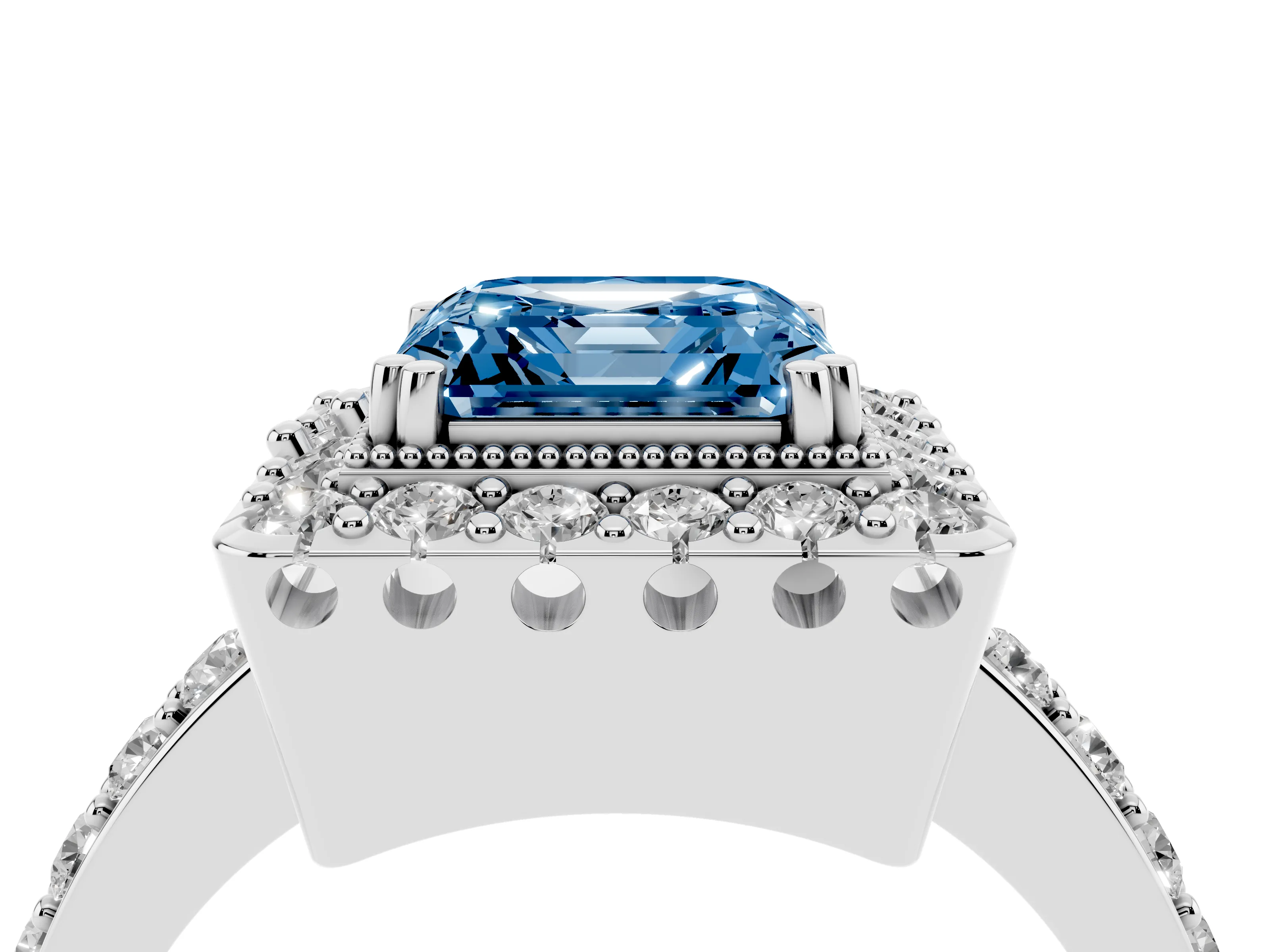 Fancy Blue Asscher Cut Diamond Halo Ring Set in Platinum with Pavé Shank and Prong Setting