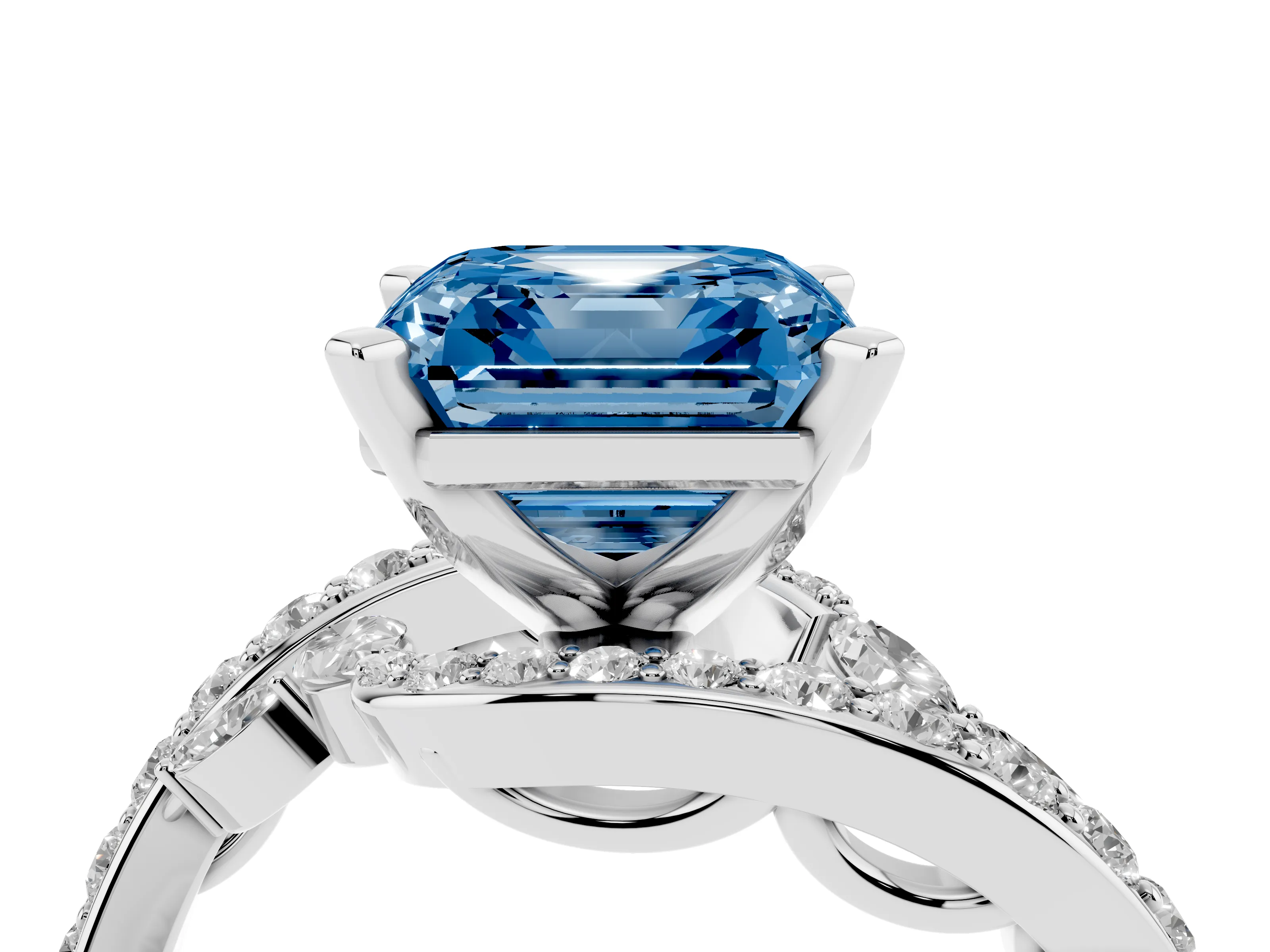 Fancy Blue Asscher Cut Diamond Solitaire Ring Set in Silver with Pavé Twist Band and Secure Prong Setting