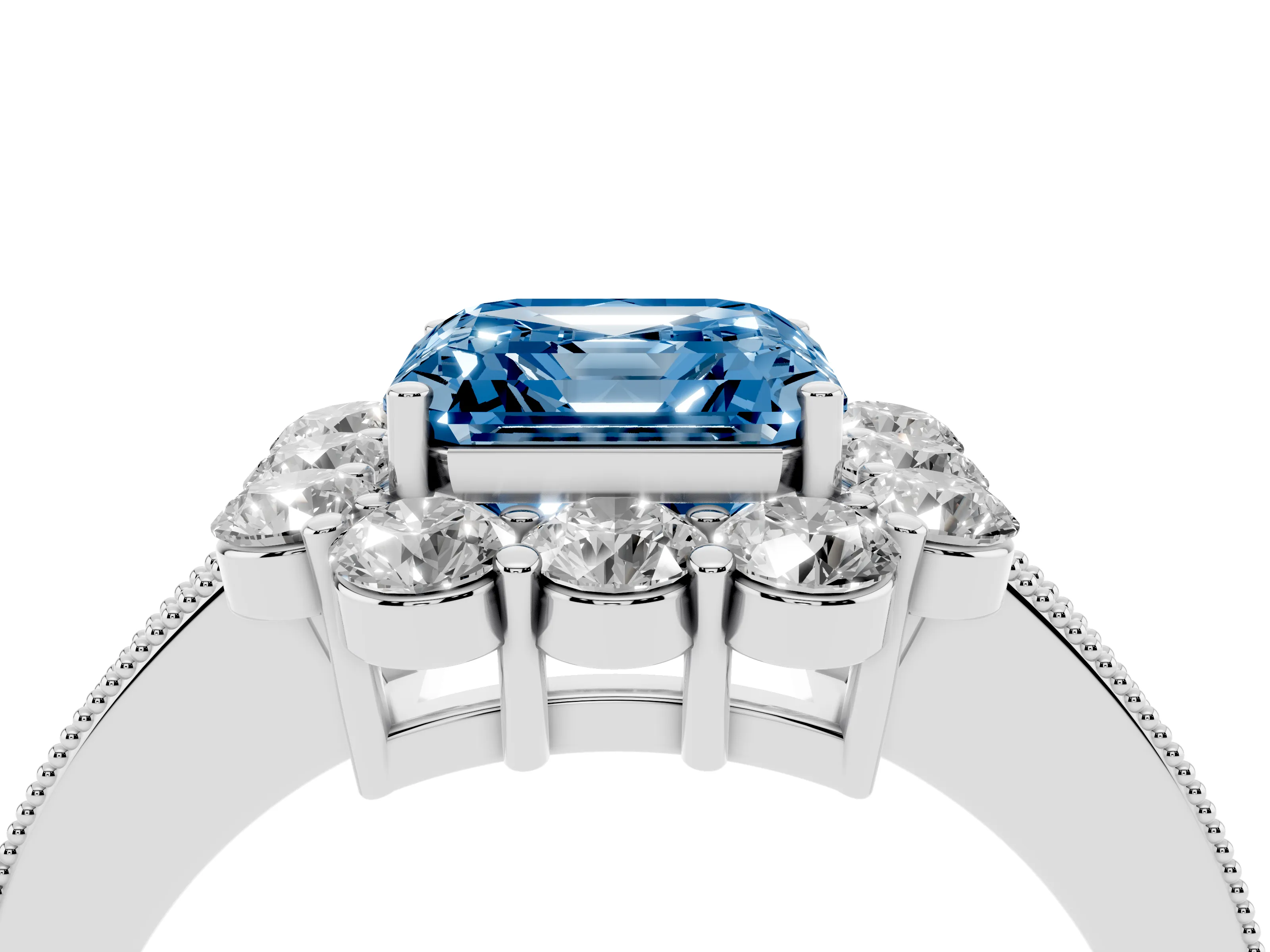 Fancy Blue Asscher Cut Diamond Halo Pavé Engagement Ring Set in Silver with Milgrain Detailing