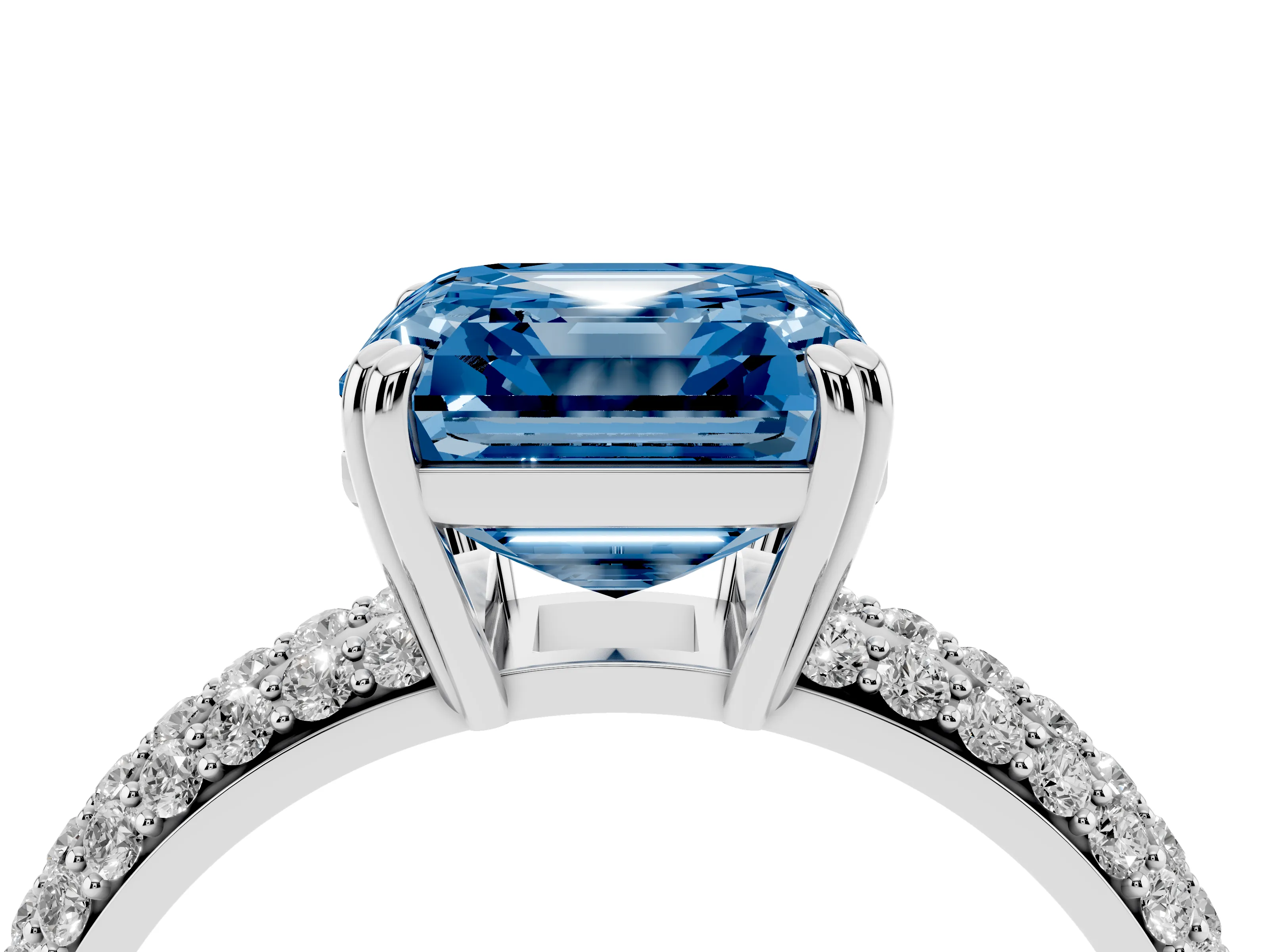 Fancy Blue Asscher Cut Diamond Solitaire Ring Set in Platinum with Multi-Row Round Pavé Band and Prong Setting